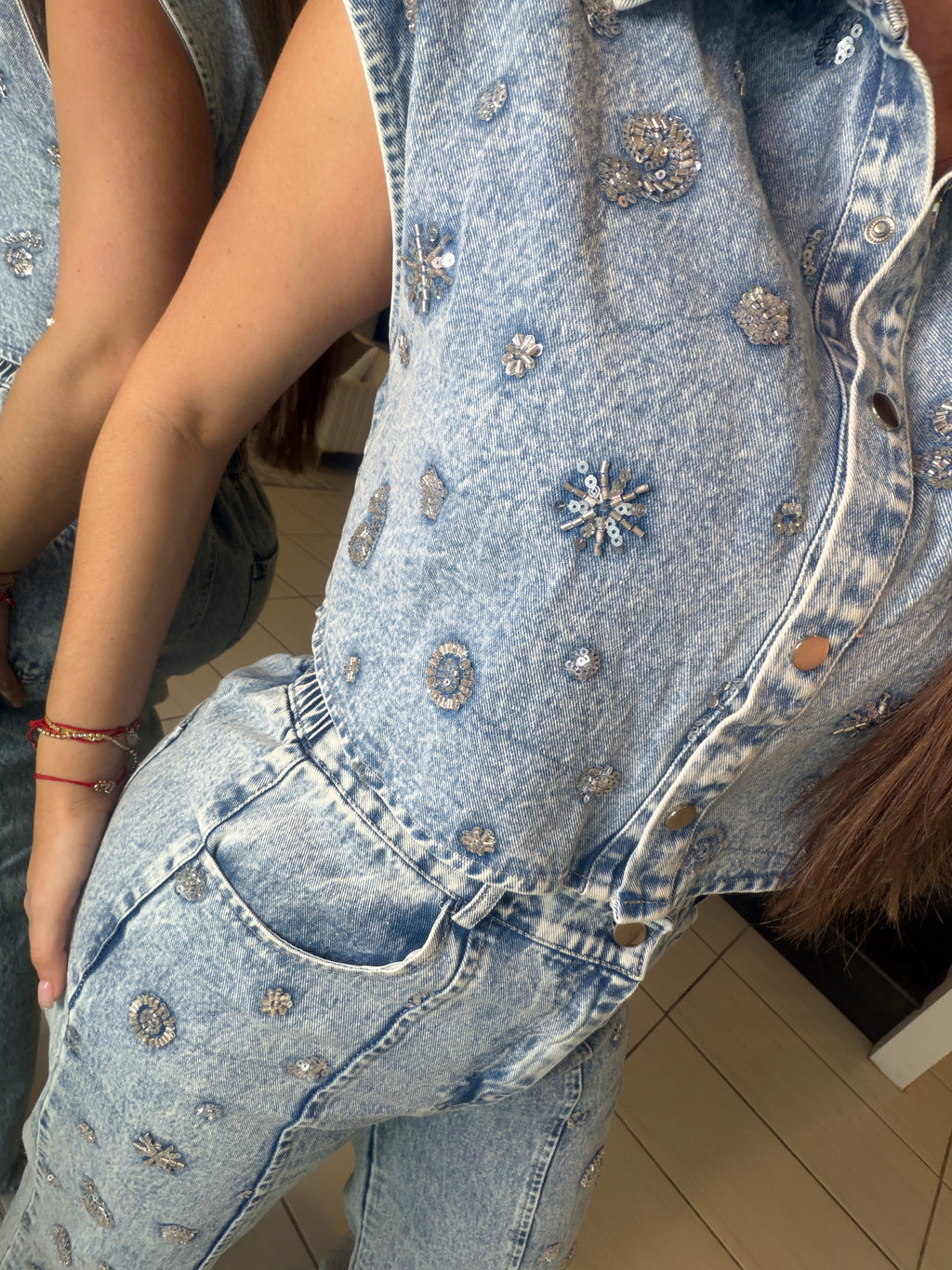 Perfect Silver Sequin Denim Pant Set