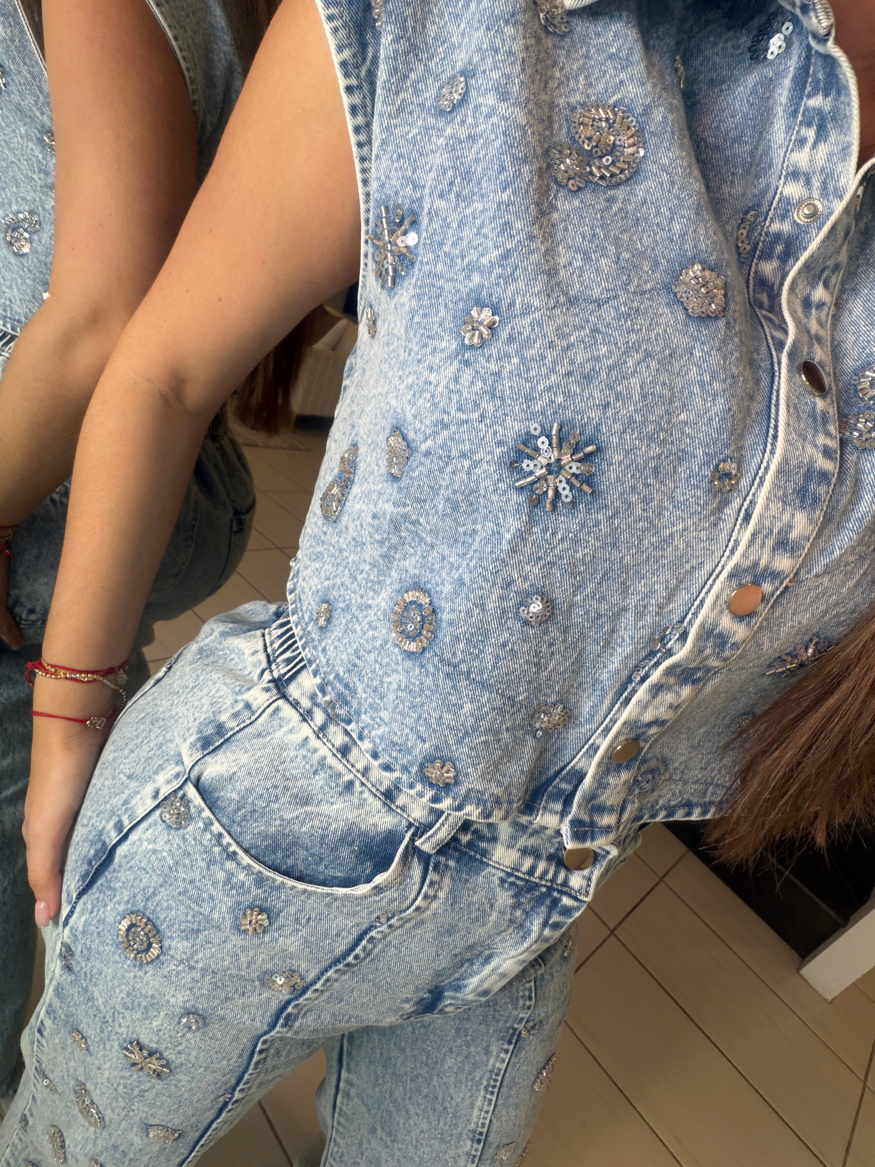 Perfect Silver Sequin Denim Pant Set