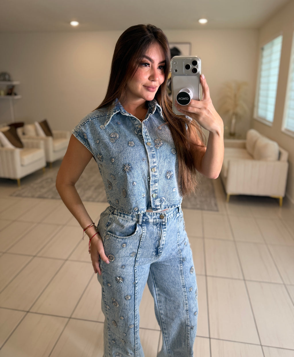 Perfect Silver Sequin Denim Pant Set