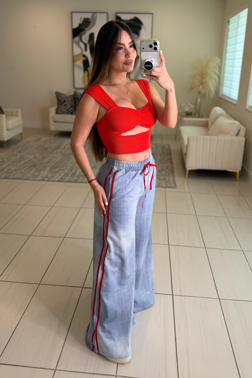 Red Stripes Flare Blue Pants