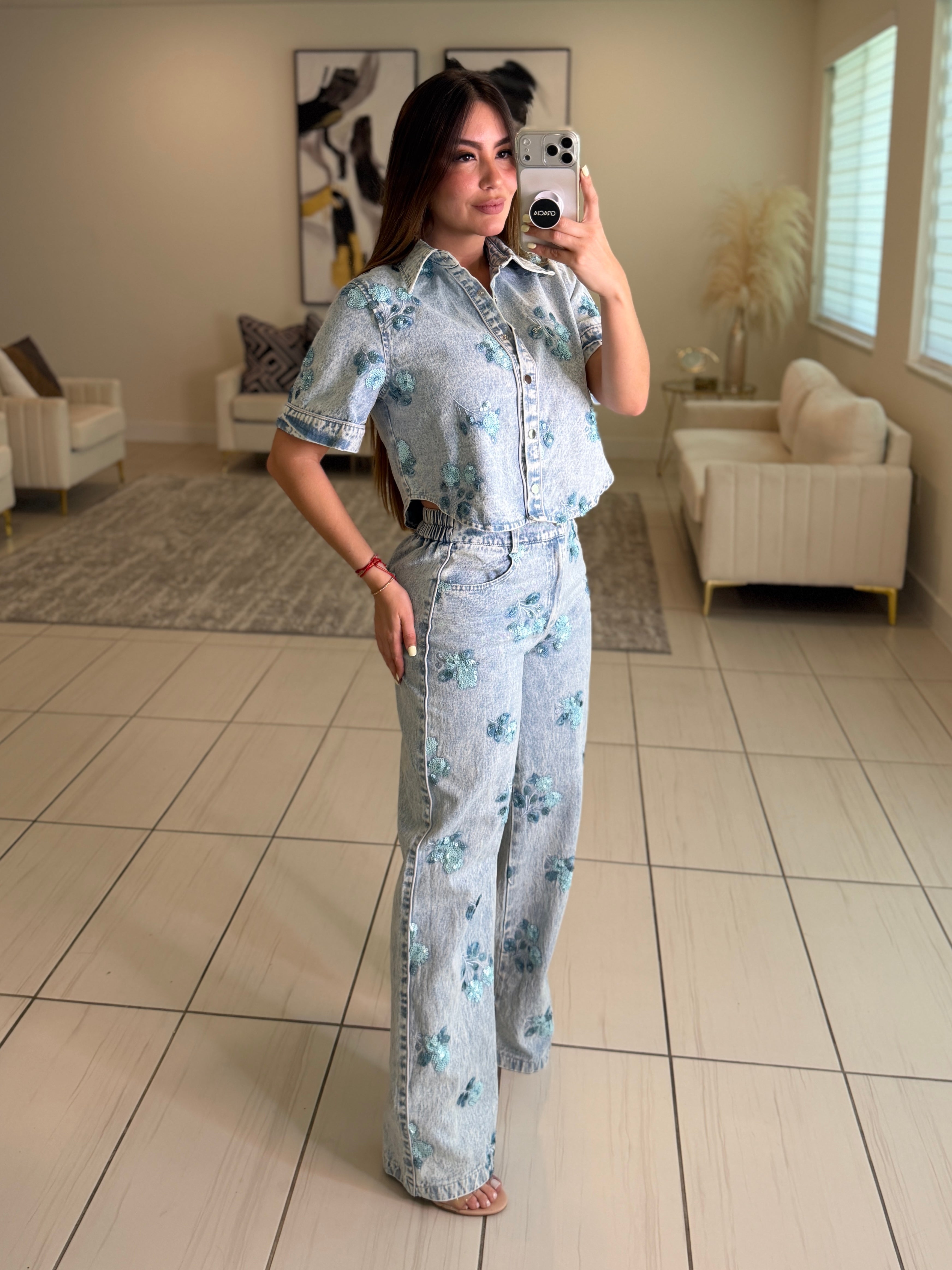 Blossom Sequin Denim Pant Set