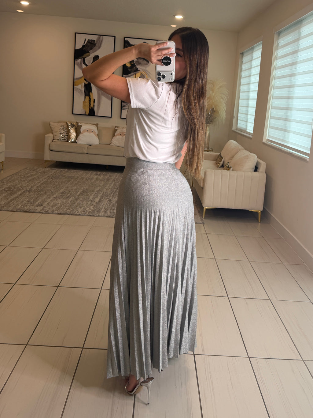 Celestial Pleated Silver Maxi Skirt