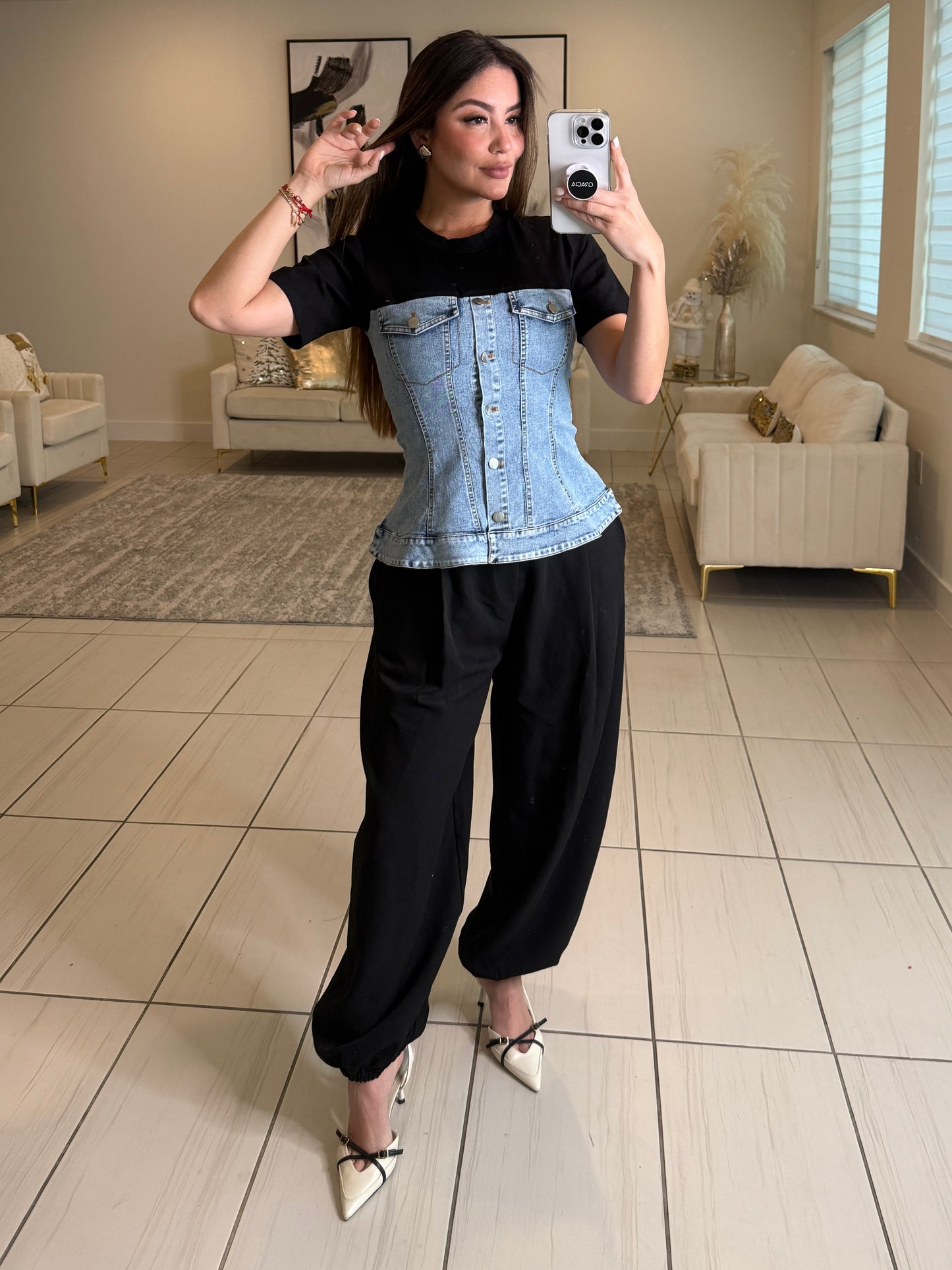 Draped Contrast Black and Denim Top