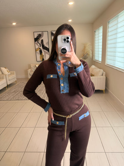 Modern Frame Knit Brown Pant Set