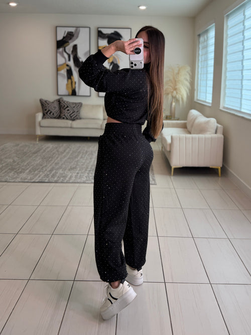 Midnight Rhinestone Black Pants Set
