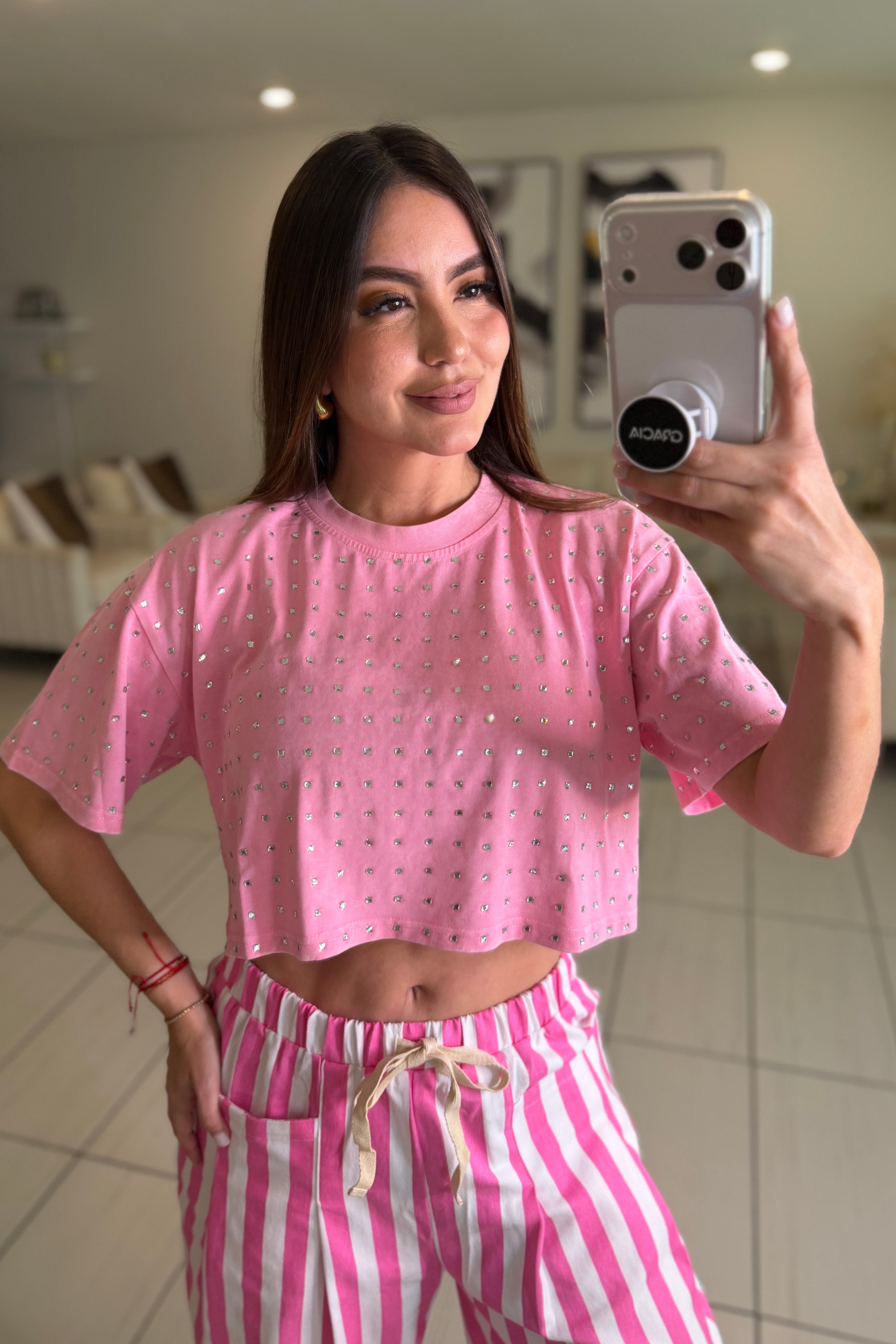 Glow Up Rhinestones Pink Top