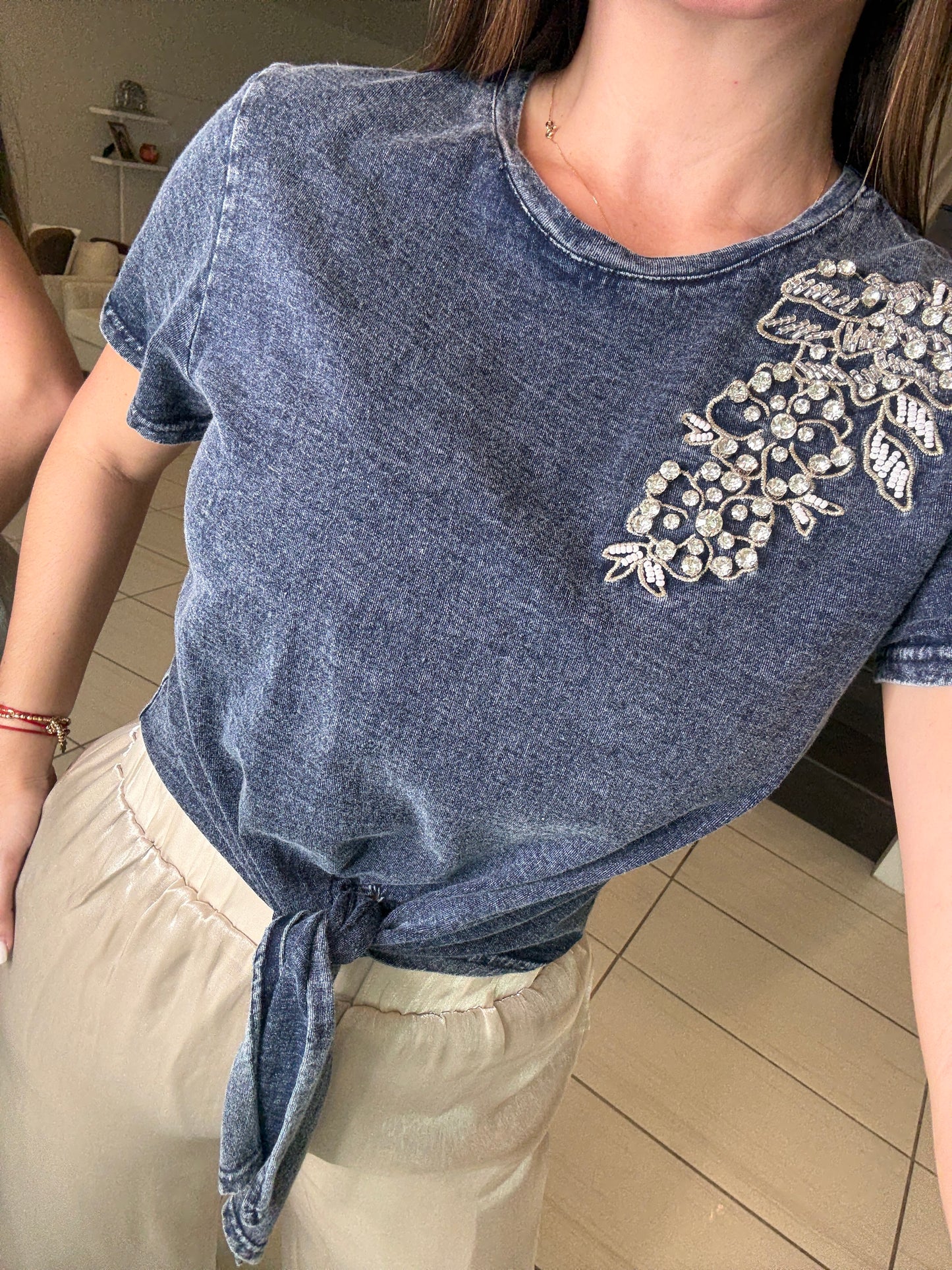 Silver Flowers Blue Top