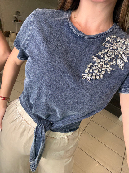 Silver Flowers Blue Top