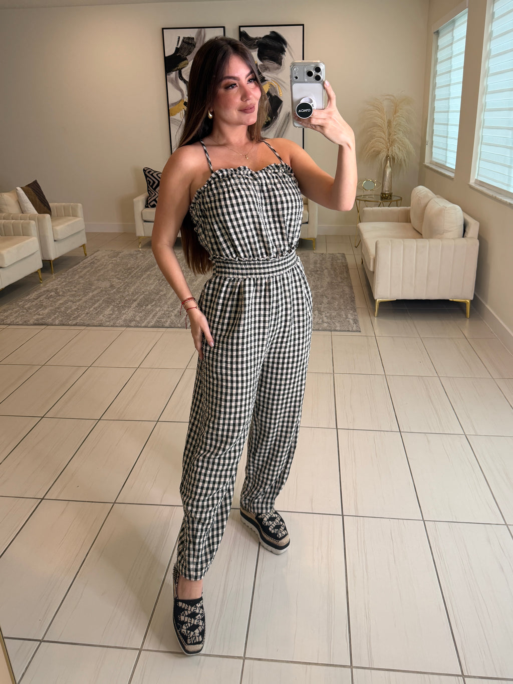 Graceful Plaid Black Barrel Jumpsuit