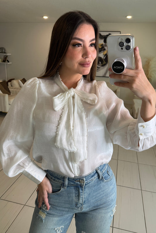 Pearl Embroidery Off White Top