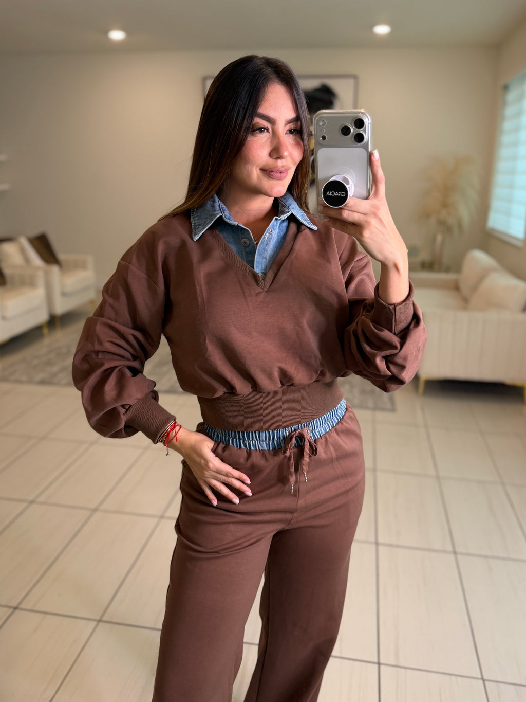 Divine Brown and Denim Contrast Pant Set