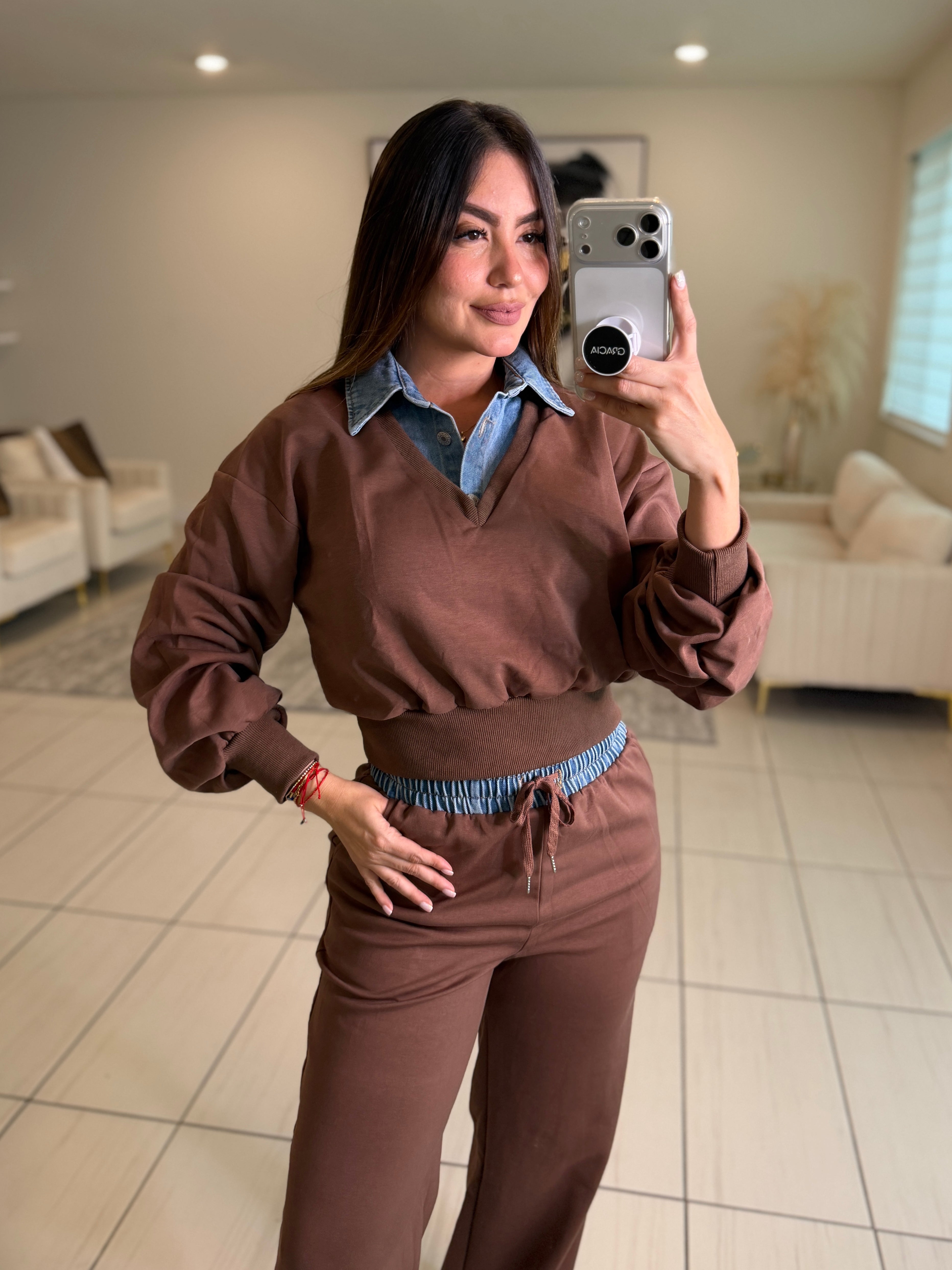 Divine Brown and Denim Contrast Pant Set