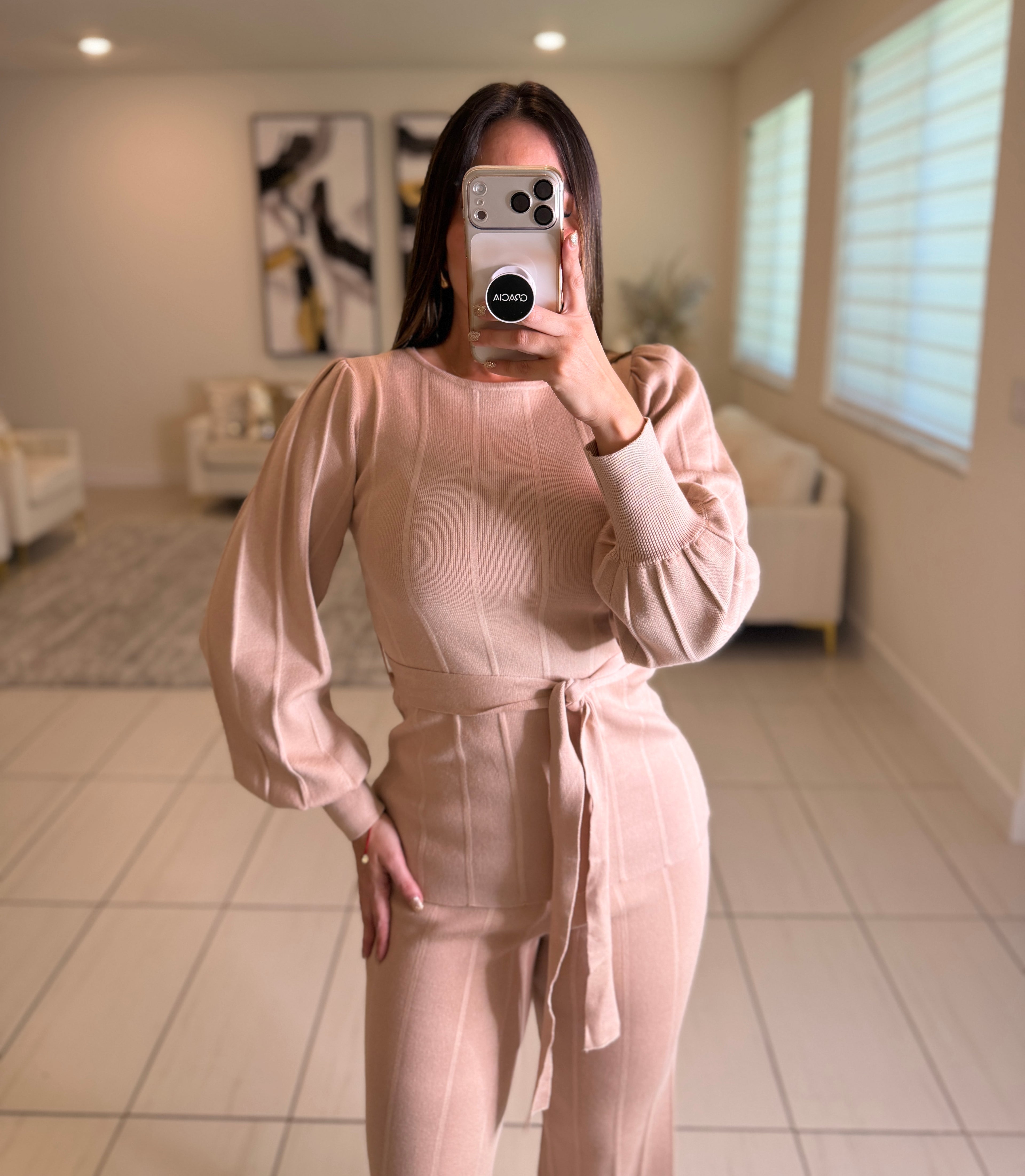 Checkmate Knit Beige Pant Set