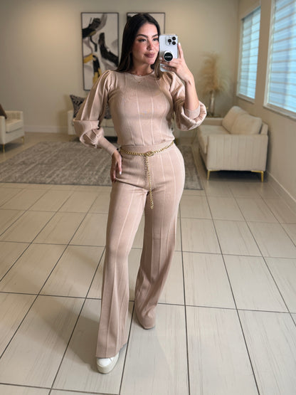 Checkmate Knit Beige Pant Set