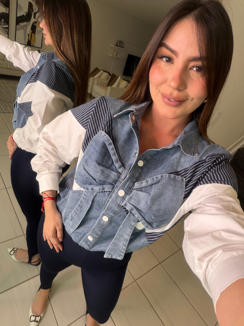 Bow Contrast White and Denim Shirt