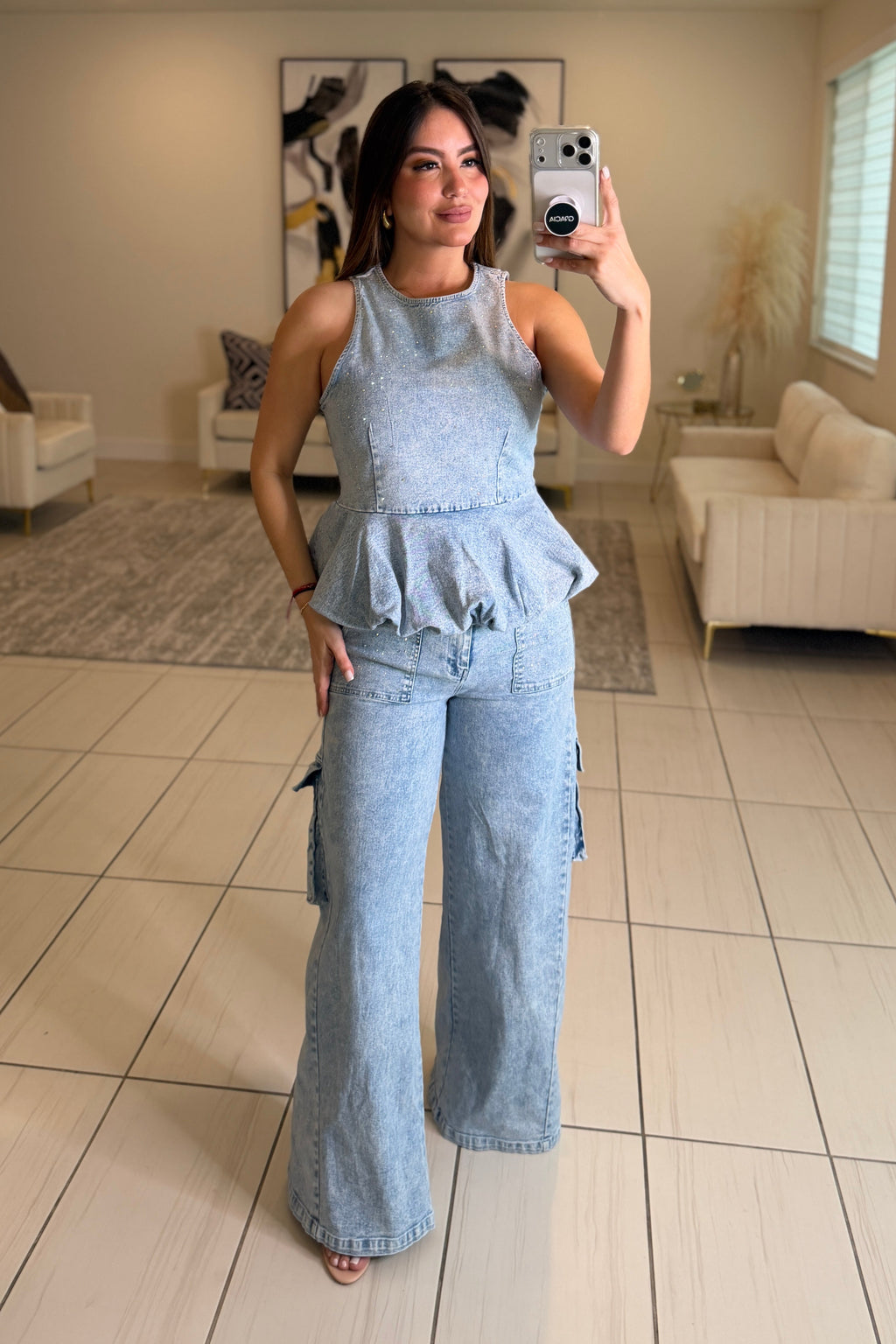 Rhinestones Muse Denim Pants Set