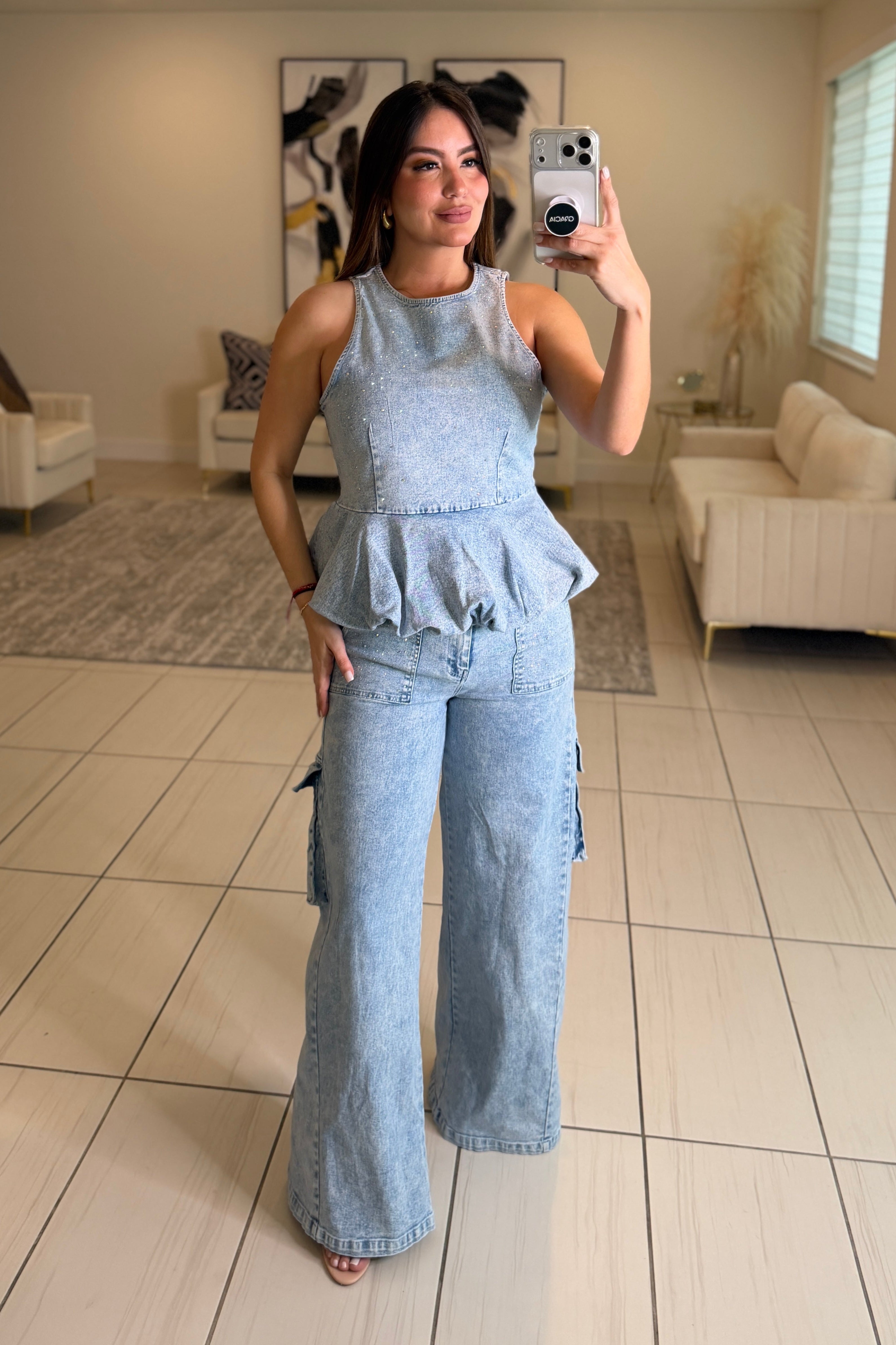 Rhinestones Muse Denim Pants Set