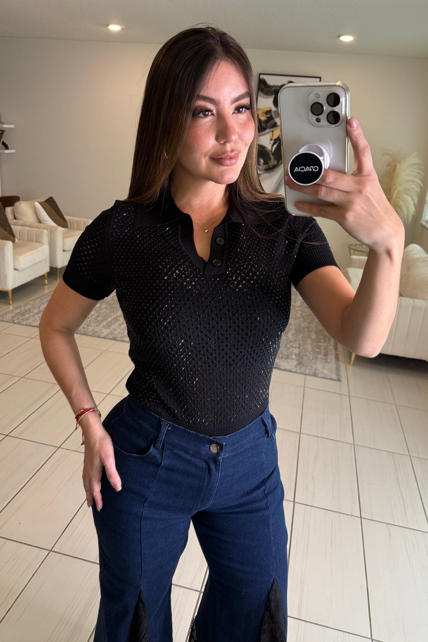 Shine Effect Knit Black Top