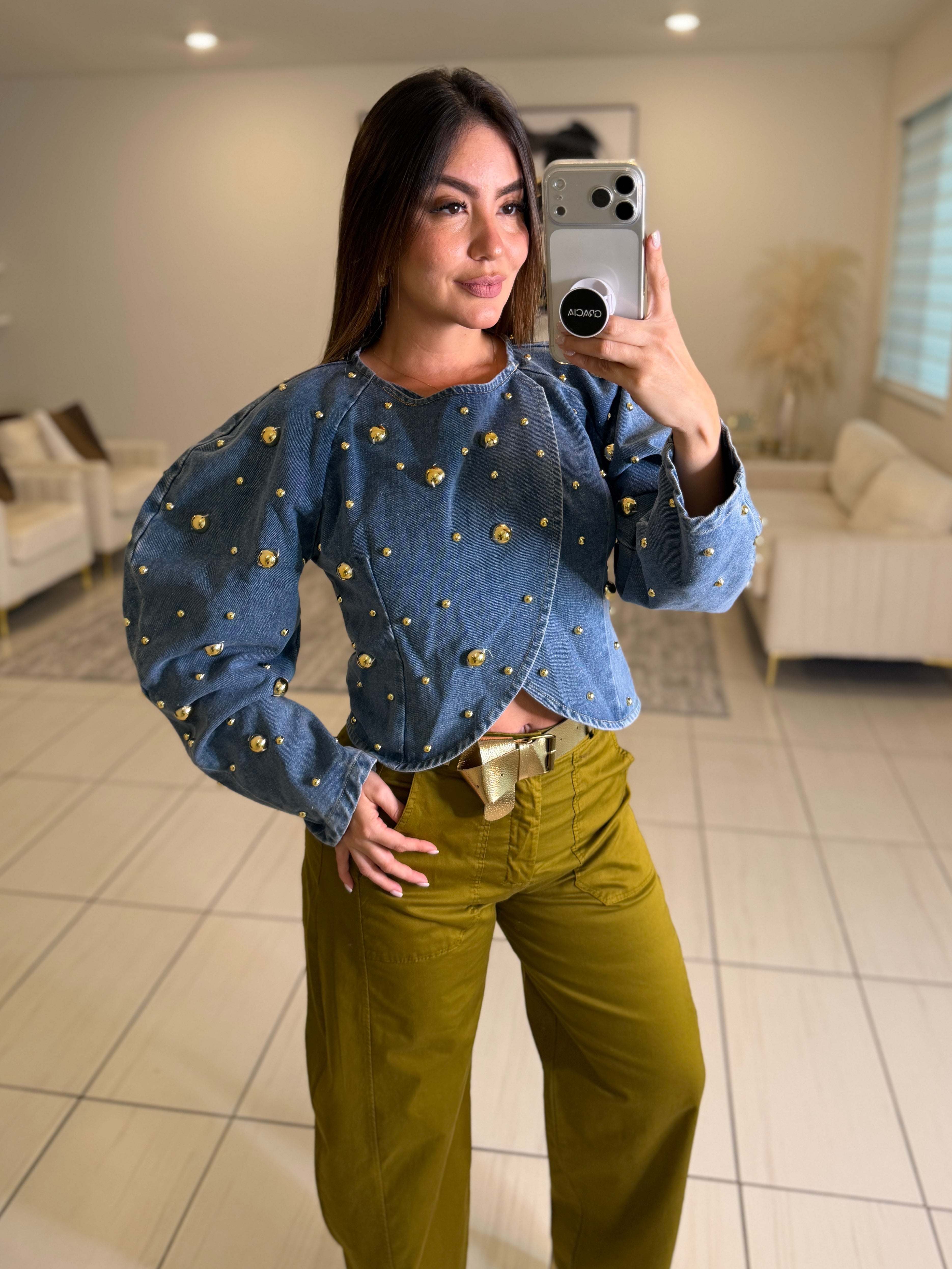 Luxe Golden Dots Denim Top