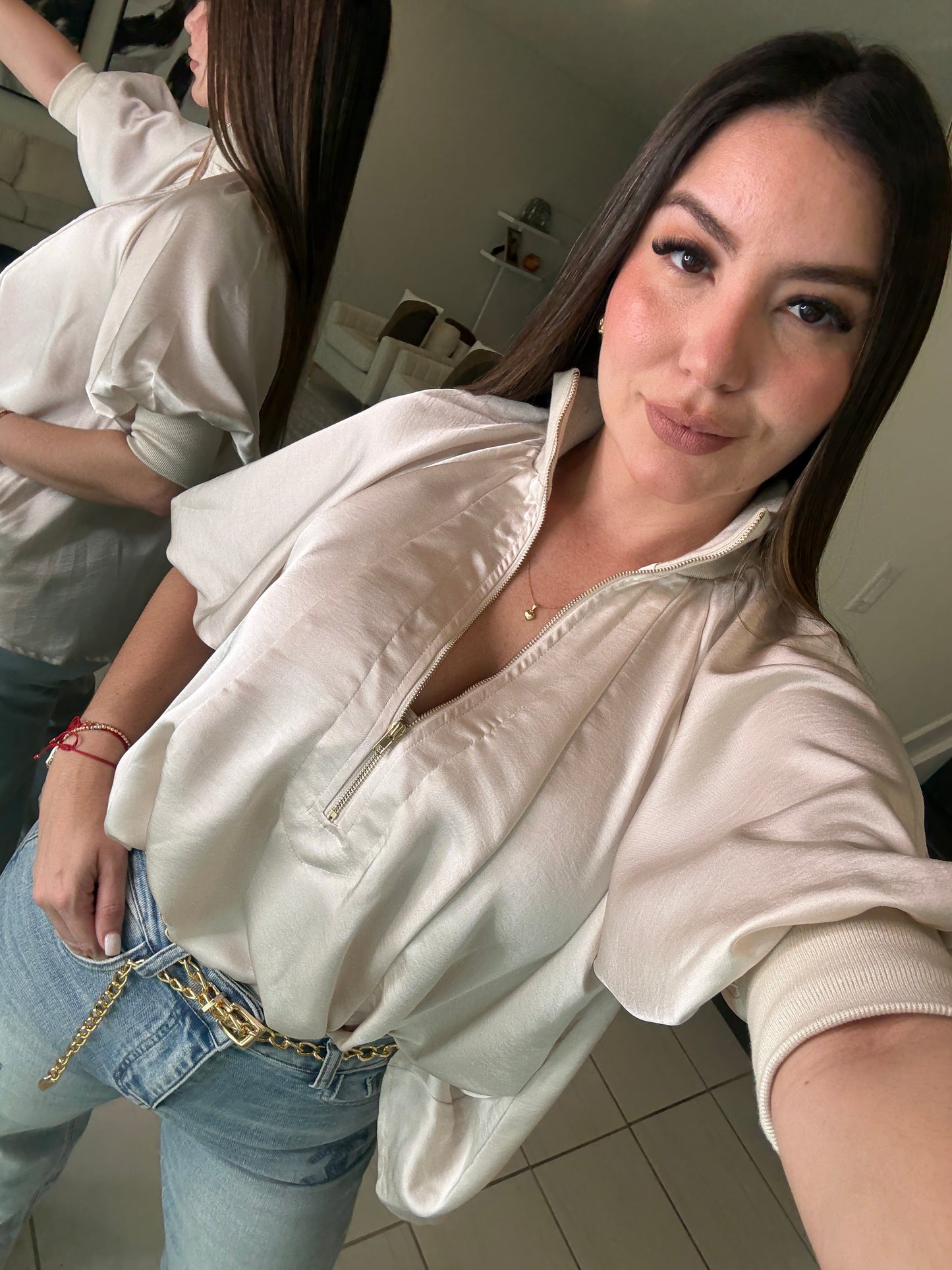 Mock Nek Band Puff Beige Top