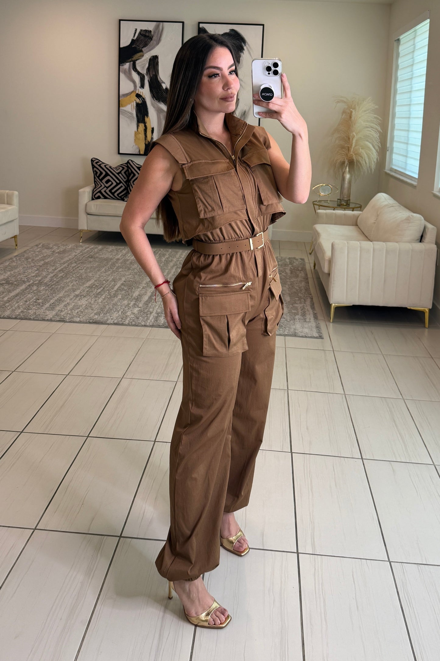 Forgive The Night Ruched Brown Jumpsuit