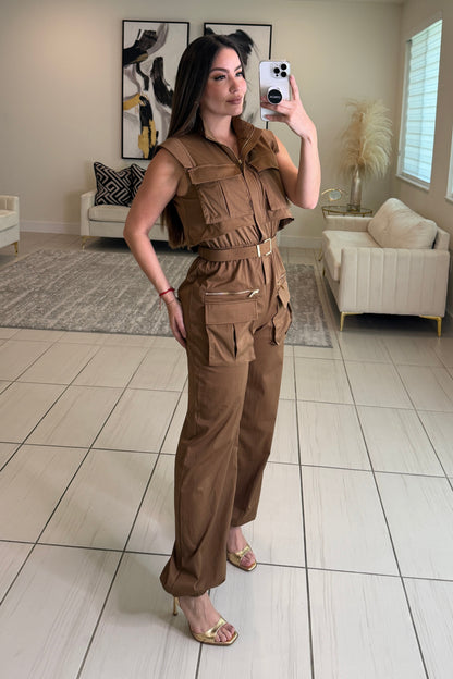 Forgive The Night Ruched Brown Jumpsuit