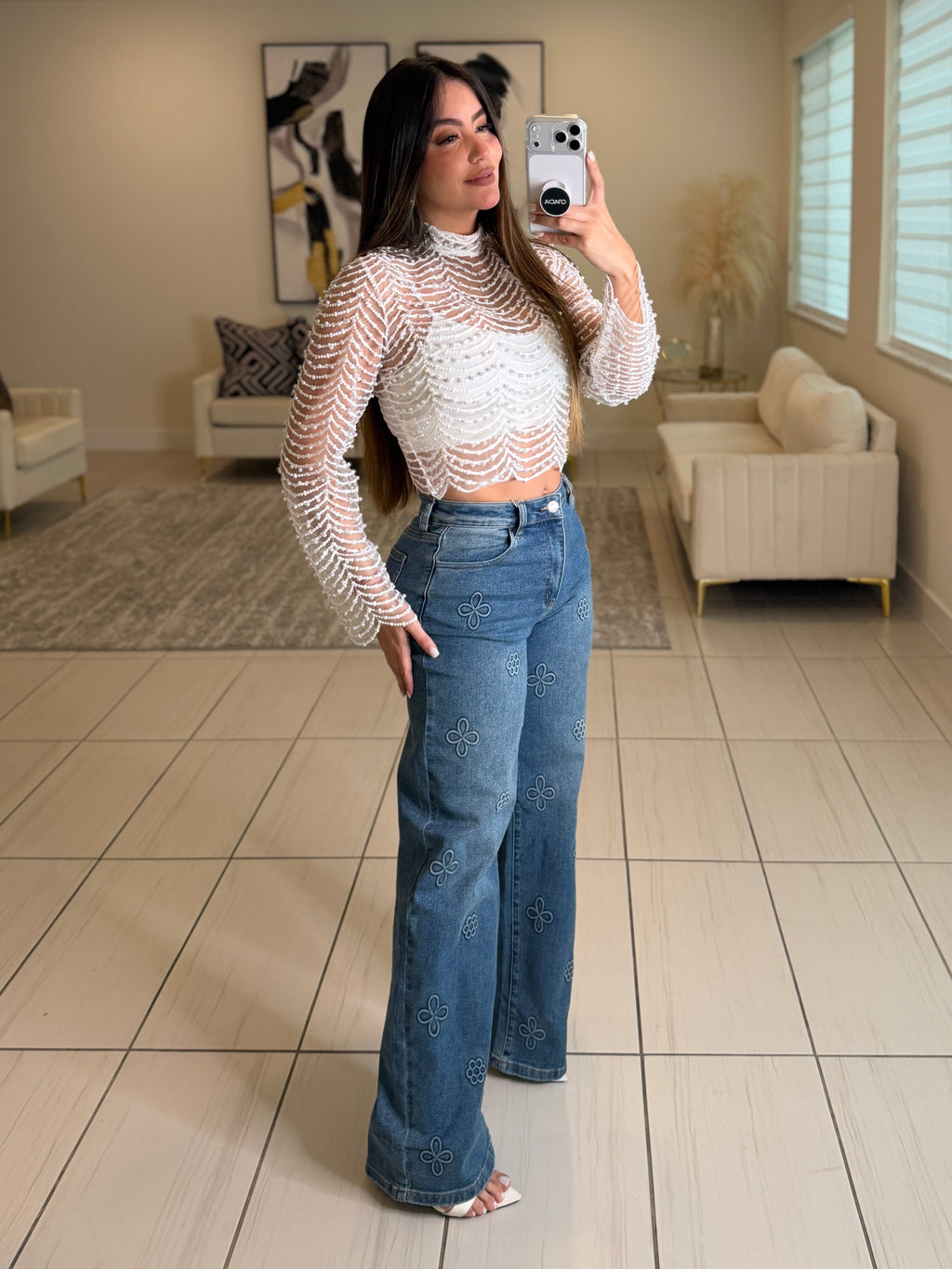 The Bloom Effect Floral Blue Denim Pants