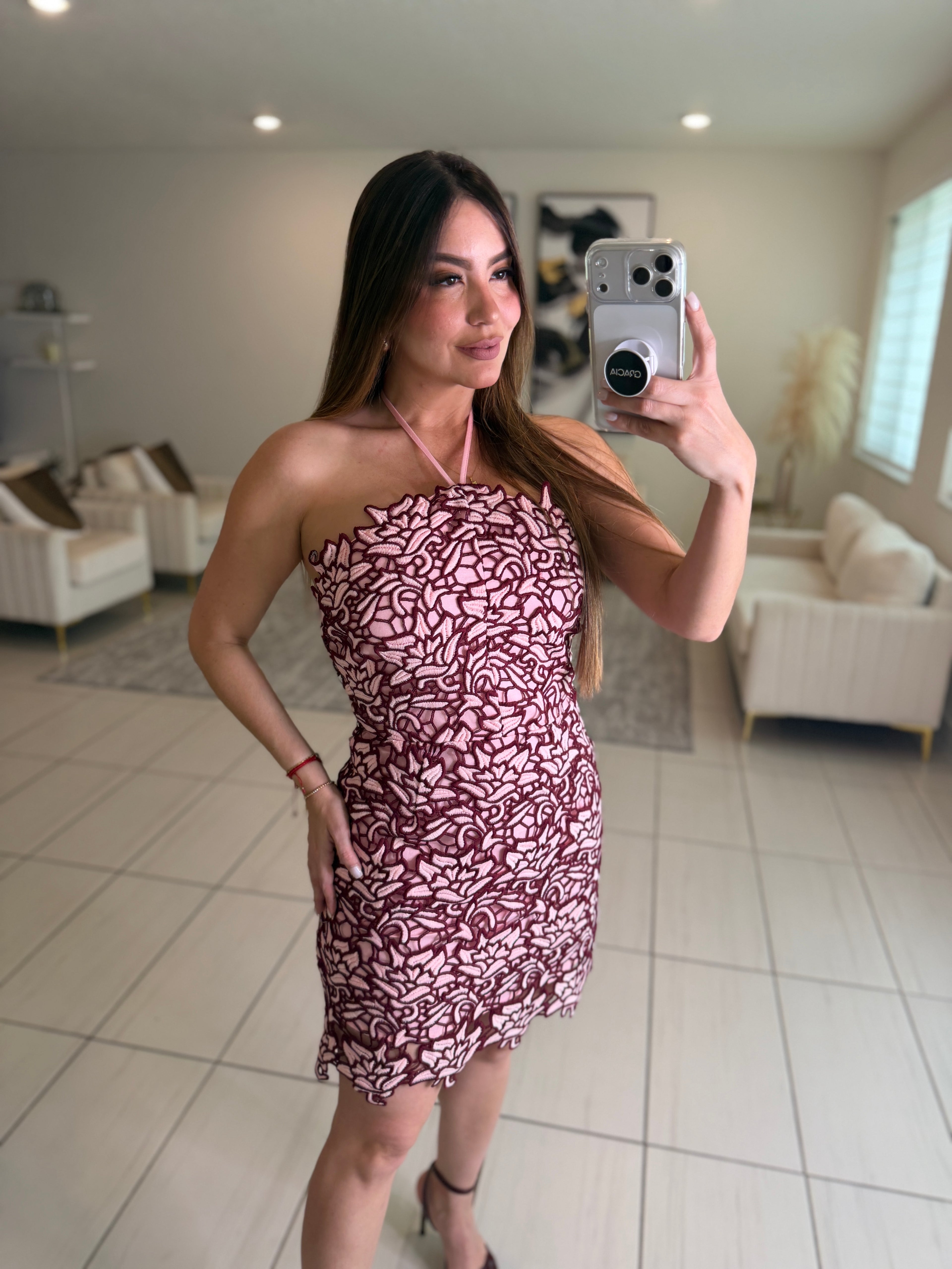 Whispered Romance Crochet Pink Dress
