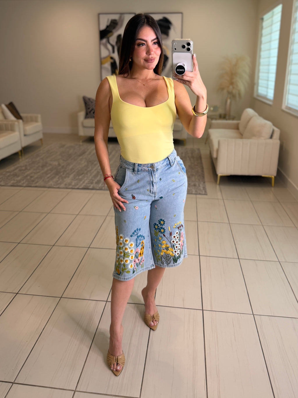 Bloom Embroidered Denim Shorts Set