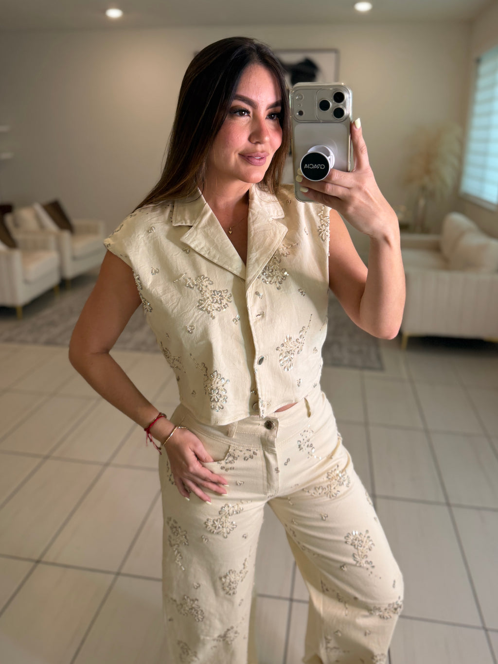 Blossom Sequin Beige Pant Set