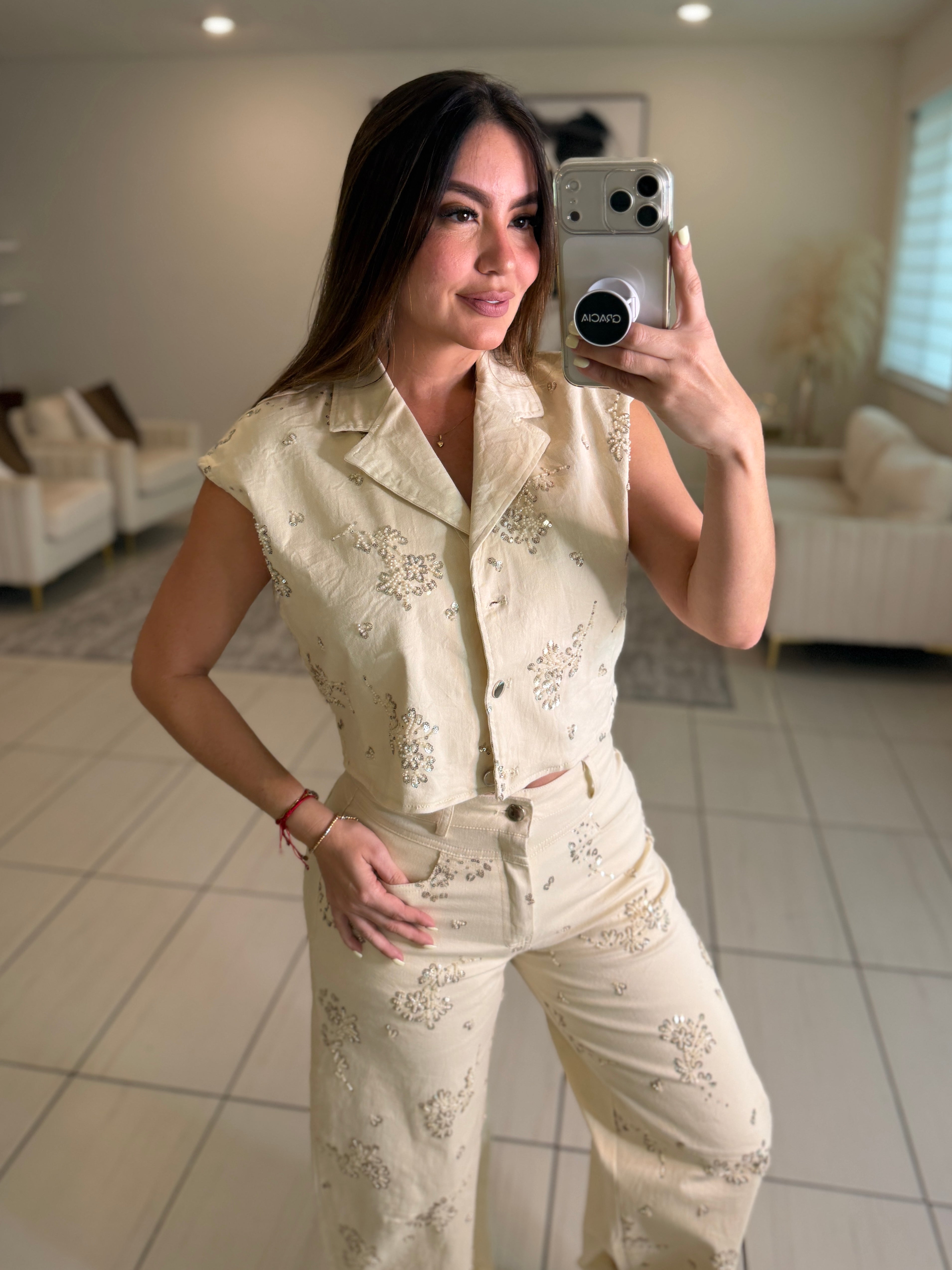 Blossom Sequin Beige Pant Set