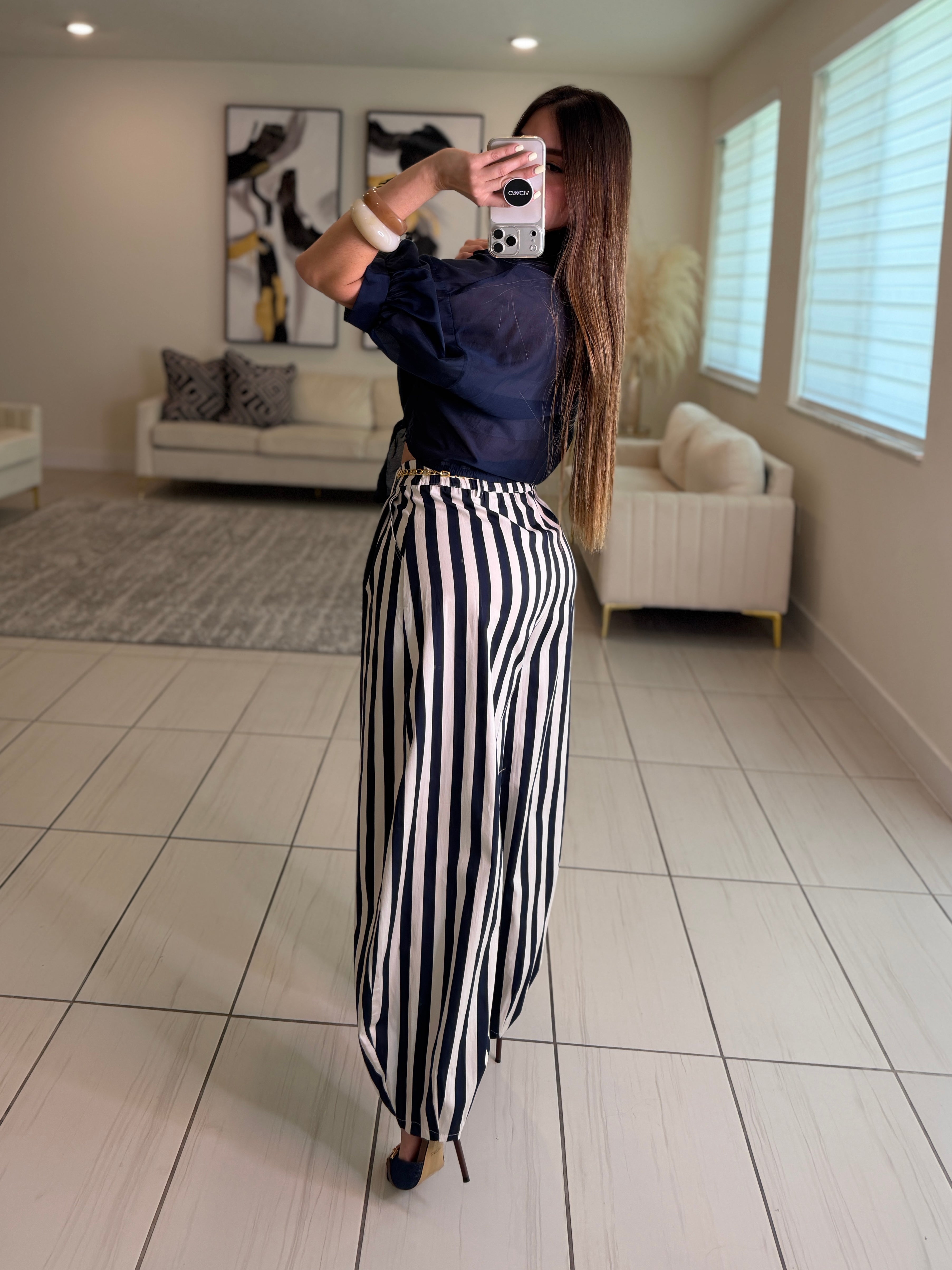 Italian Stripes Navy Blue Barrel Pants