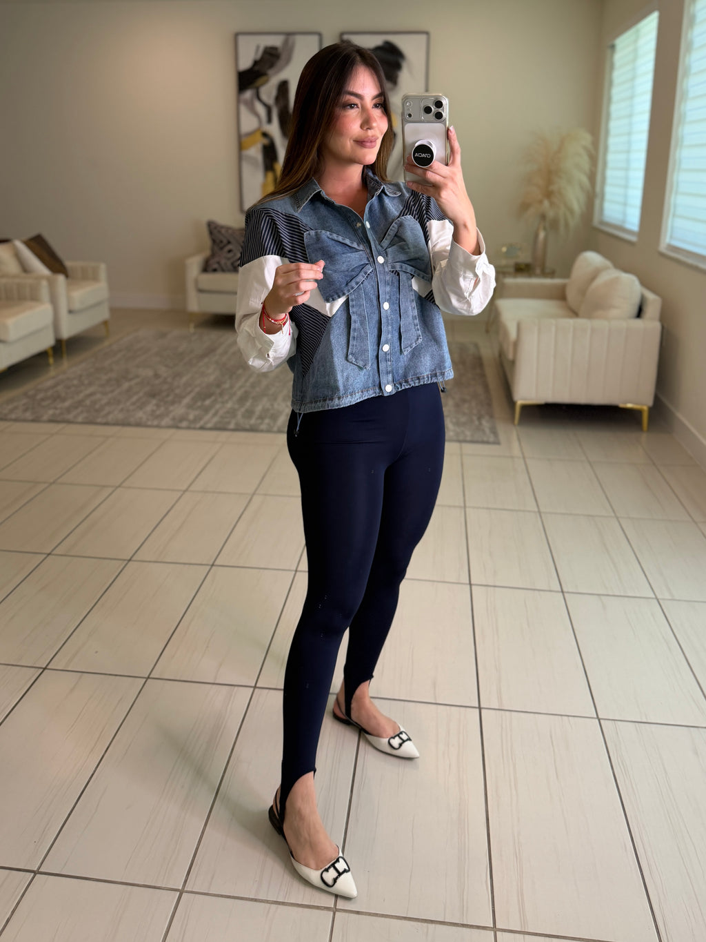 Bow Contrast White and Denim Shirt