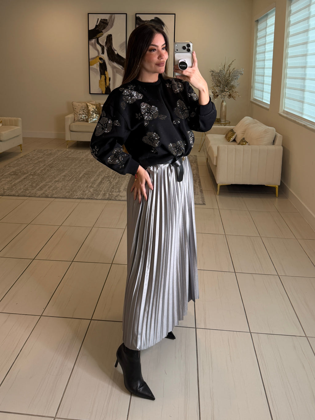 Blossom Rhinestones Black Sweater
