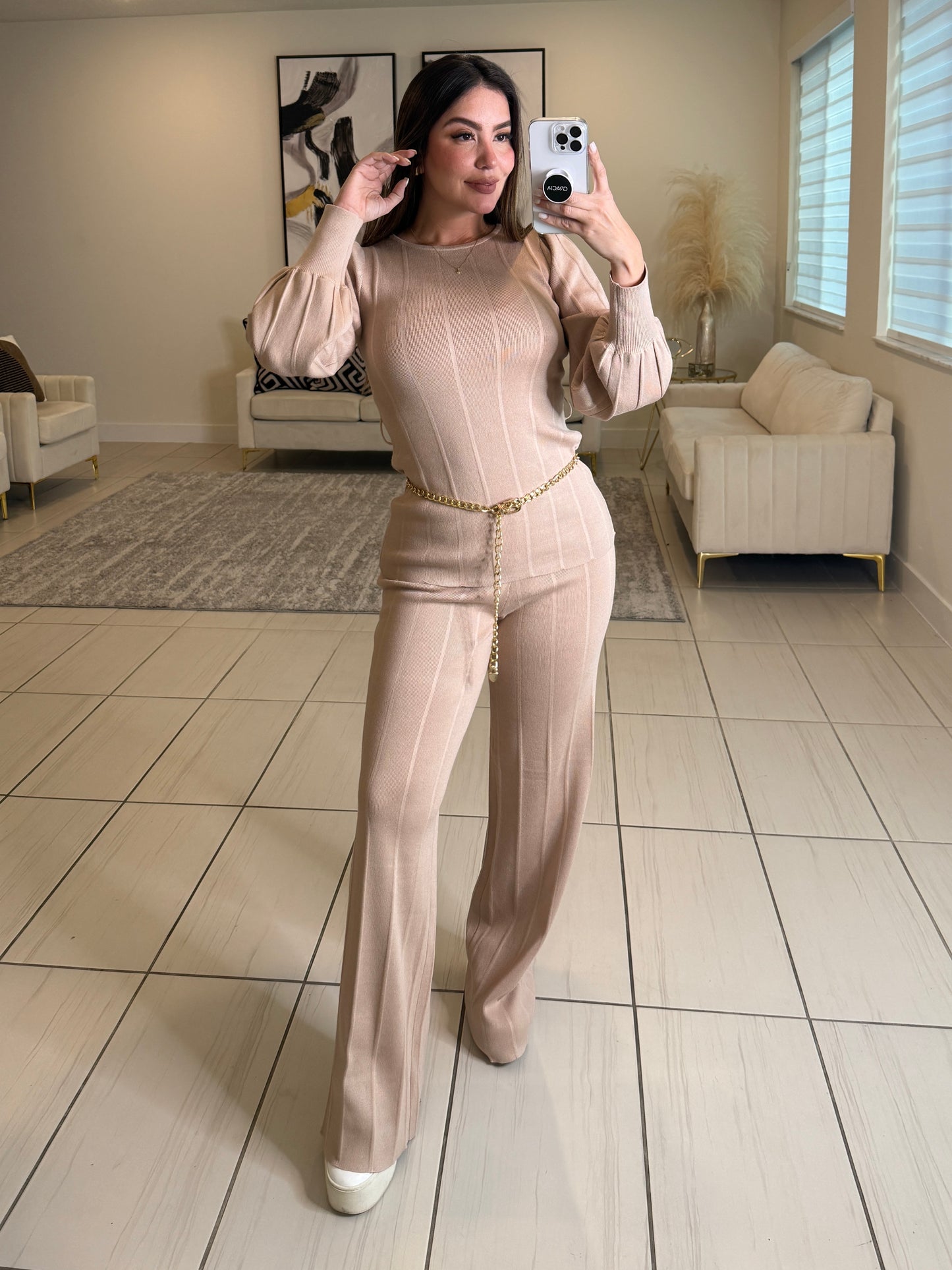 Checkmate Knit Beige Pant Set