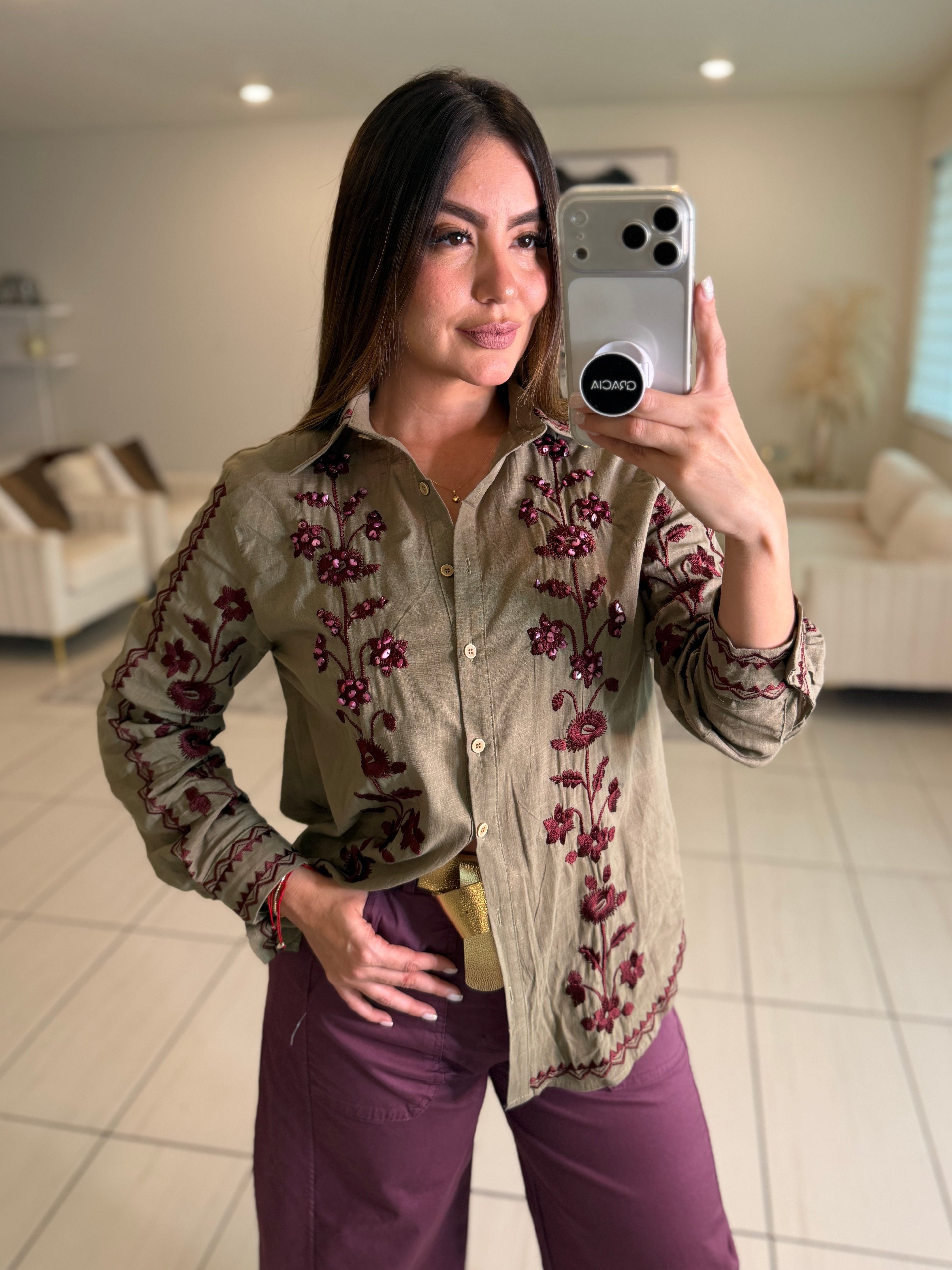 Charming Embroidery Green Shirt