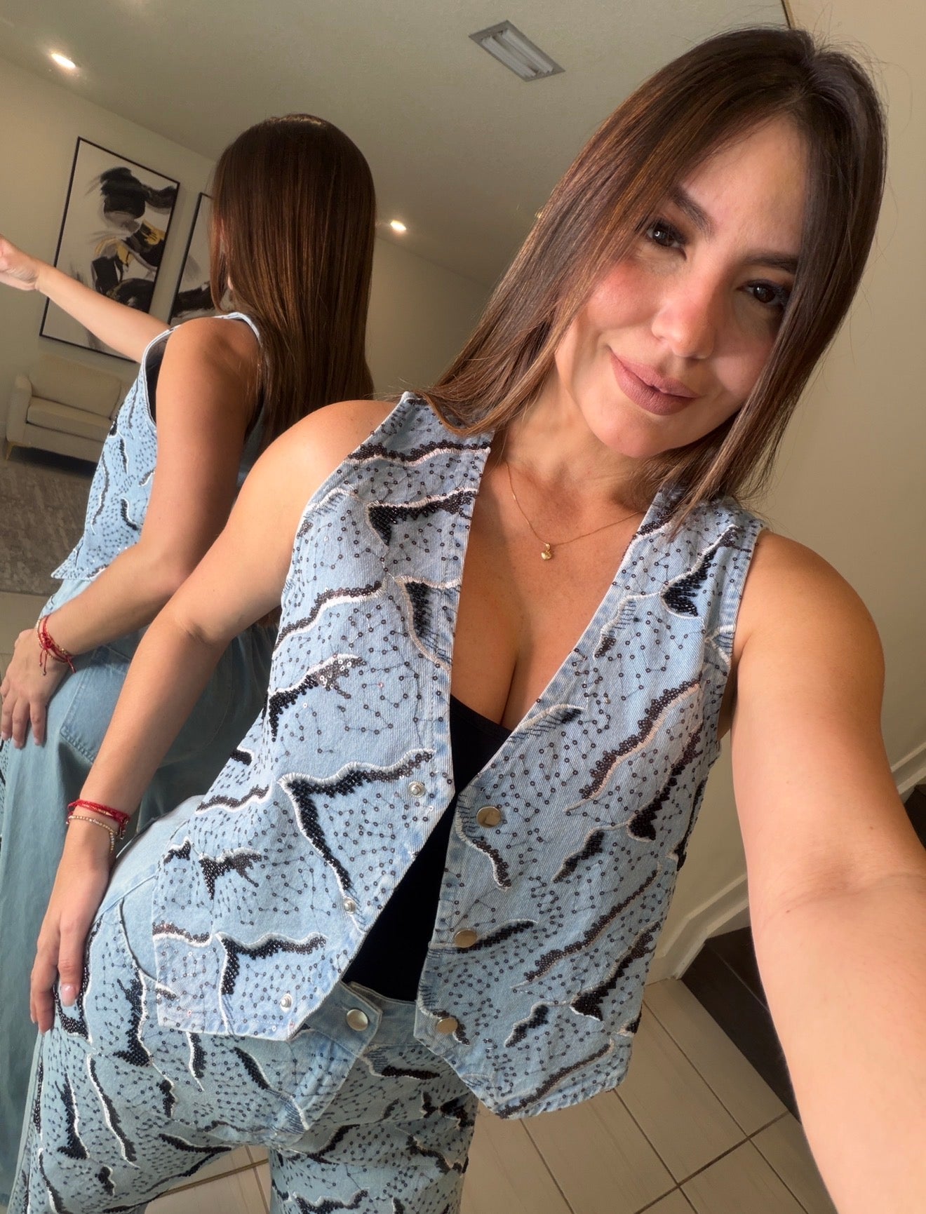 Perfect Sequin Details Denim Pant Set