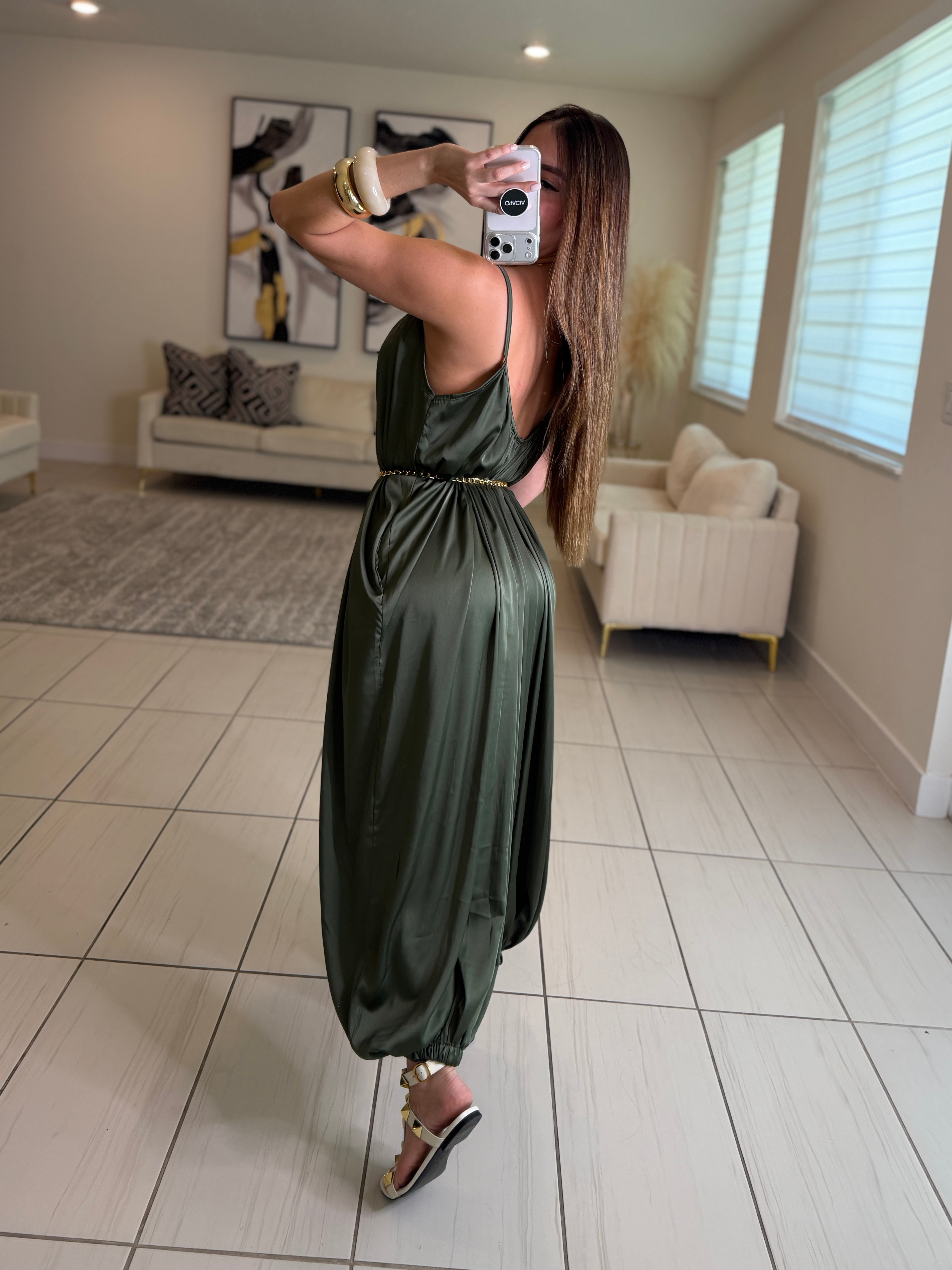 Effortless Essence Ruched Green Jumpsuit