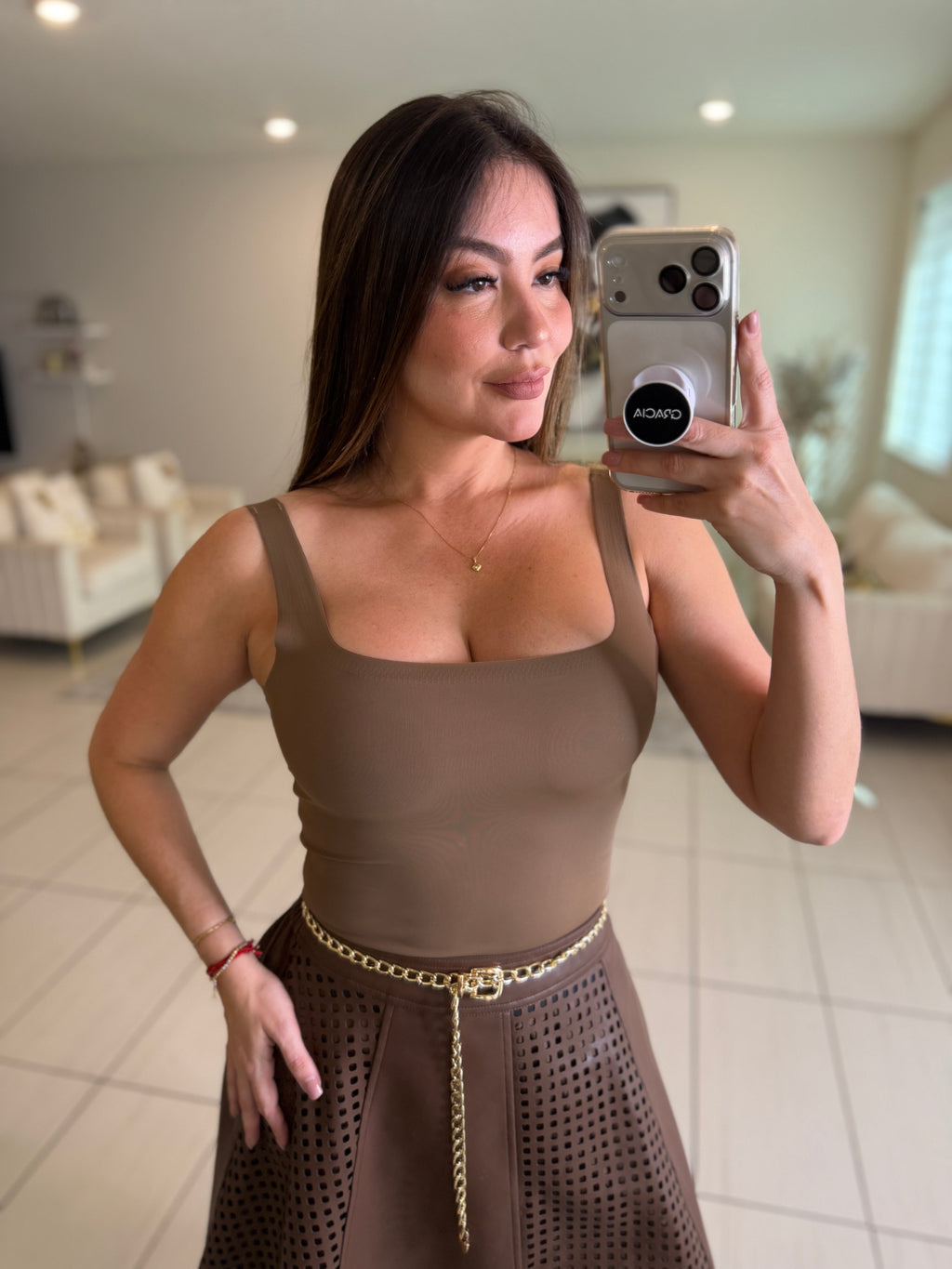 Luxe Faux Leather Brown Skirt Set