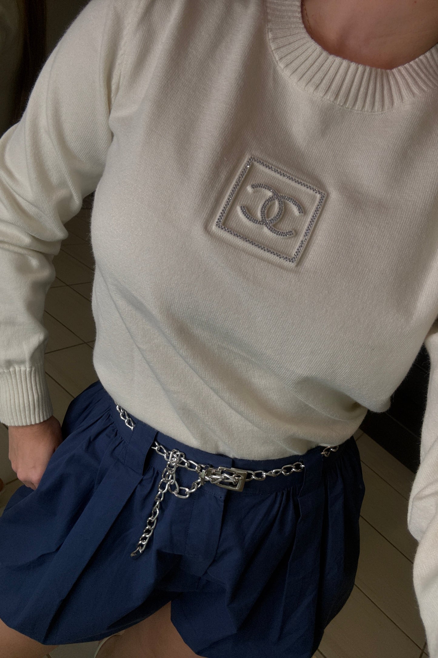 Iconic Rhinestones Knit Off White Sweater