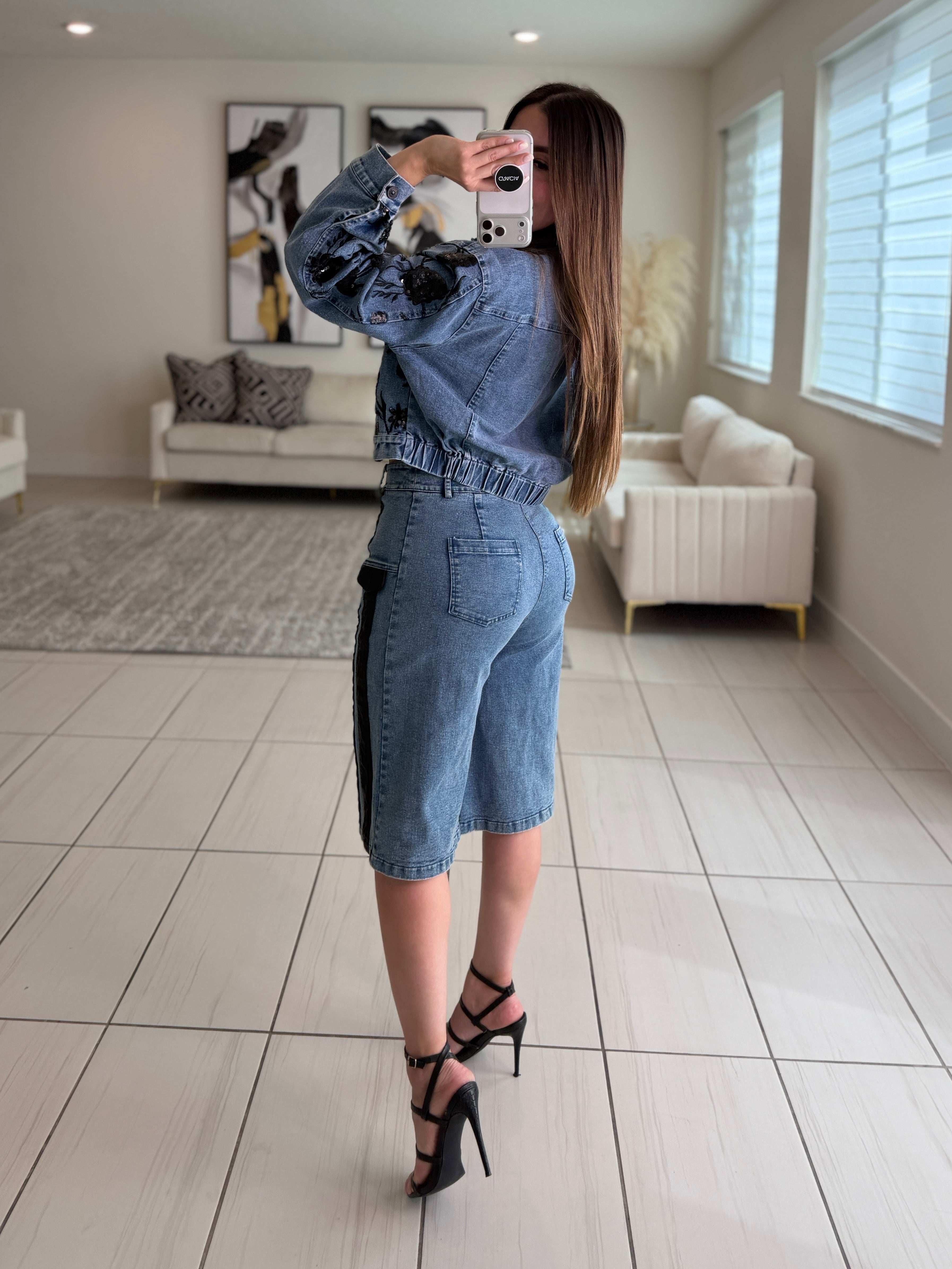 Midnight Bloom Denim Shorts Set