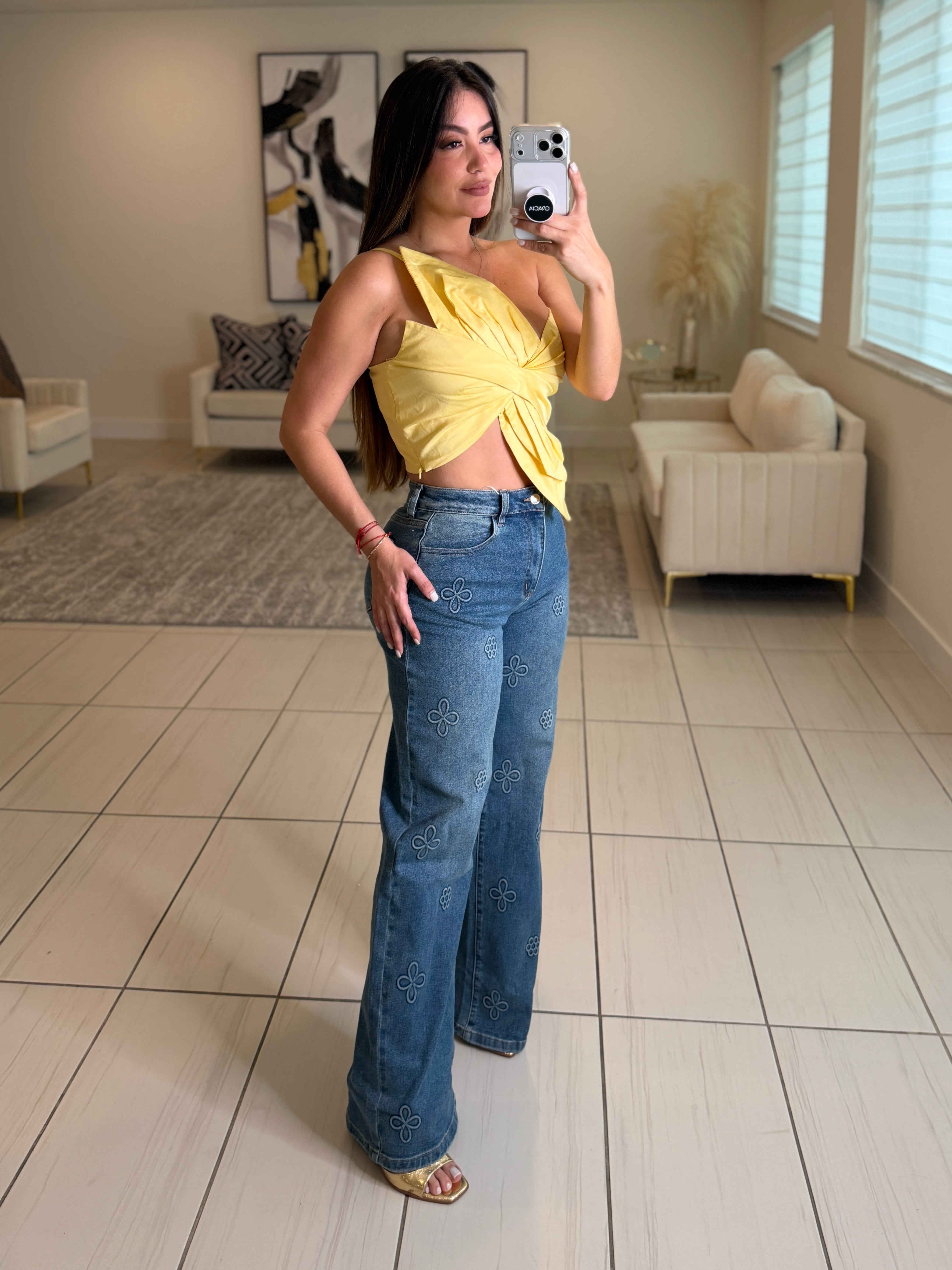 The Bloom Effect Floral Blue Denim Pants