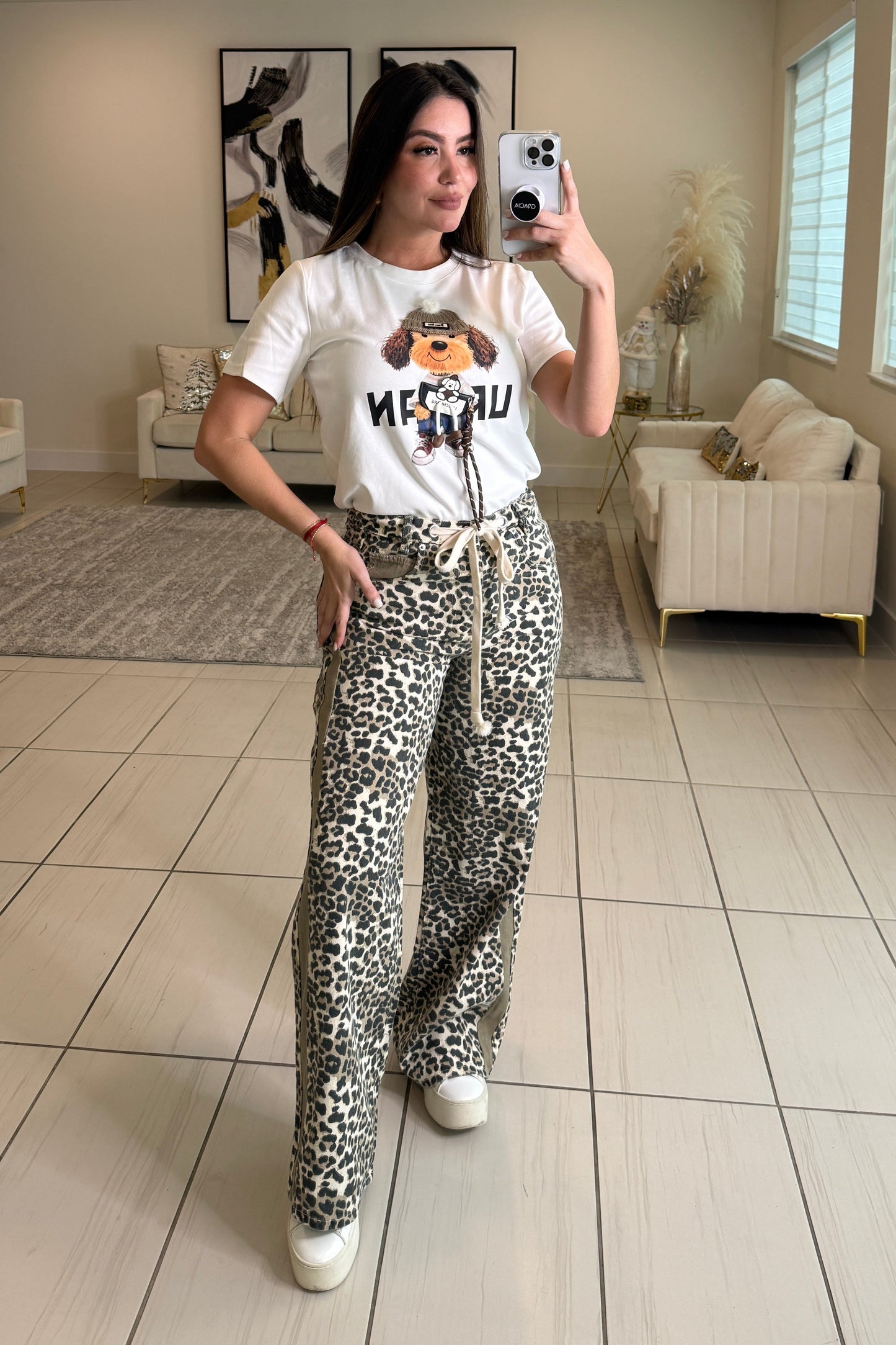 Structured Leopard Denim Pants