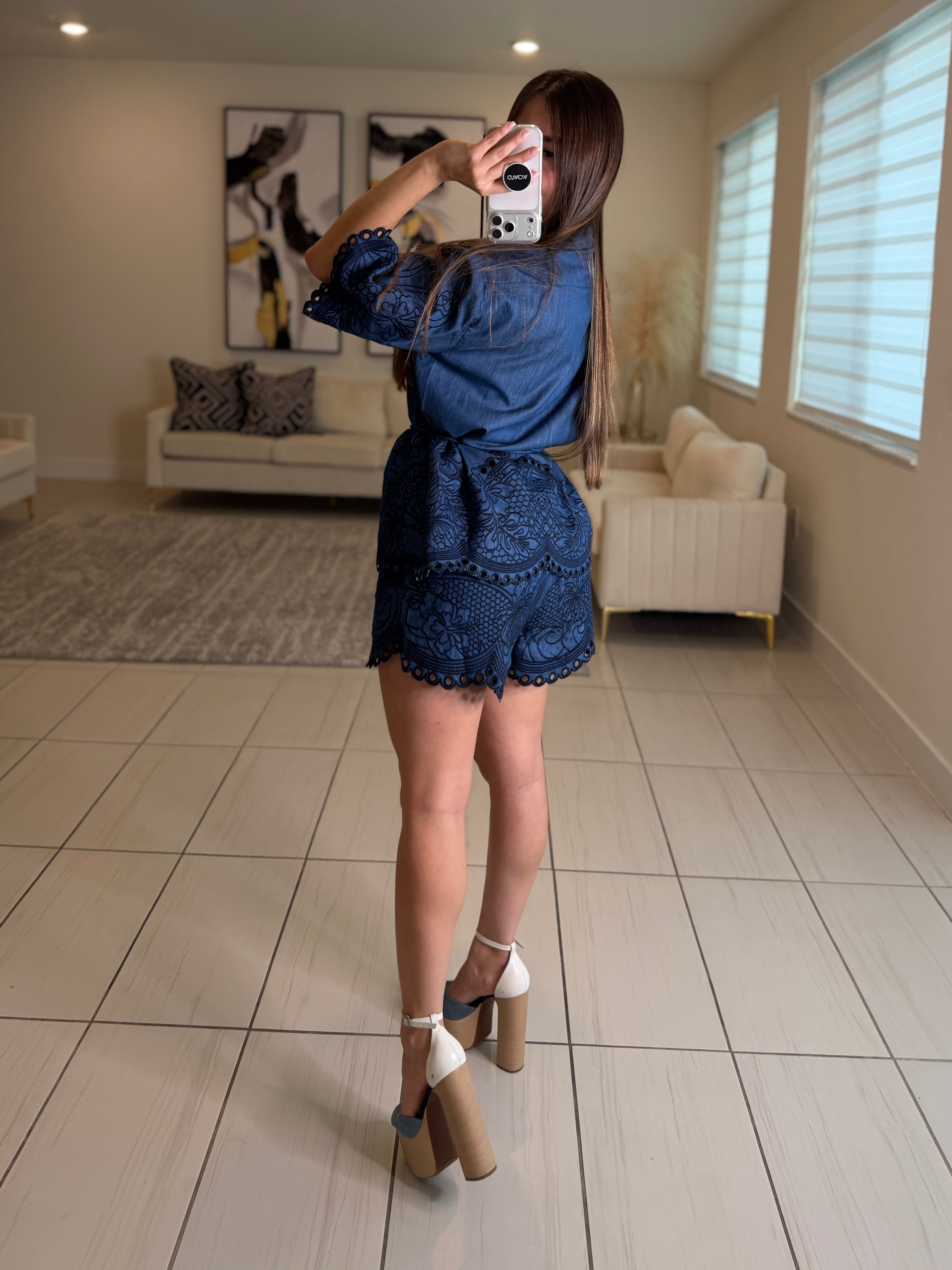 Paradise Embroidered Denim Short Set