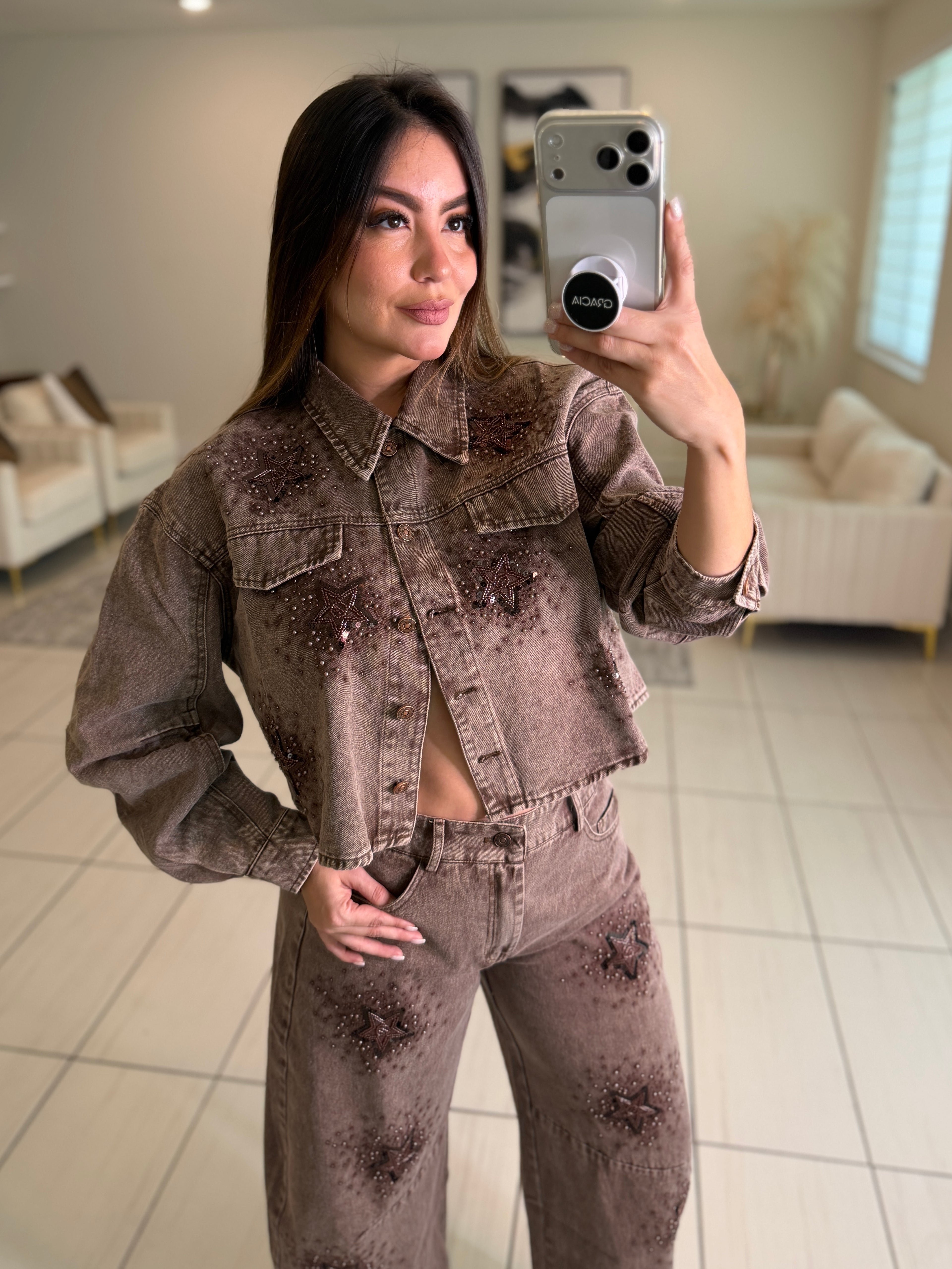 Stars Allure Brown Denim Pant Set