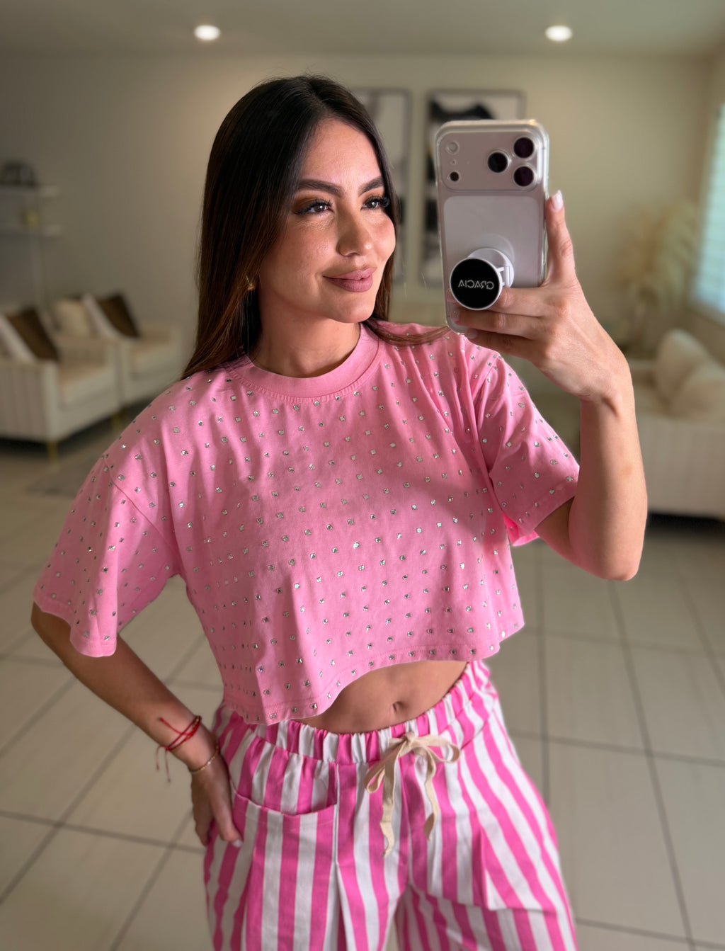 Glow Up Rhinestones Pink Top