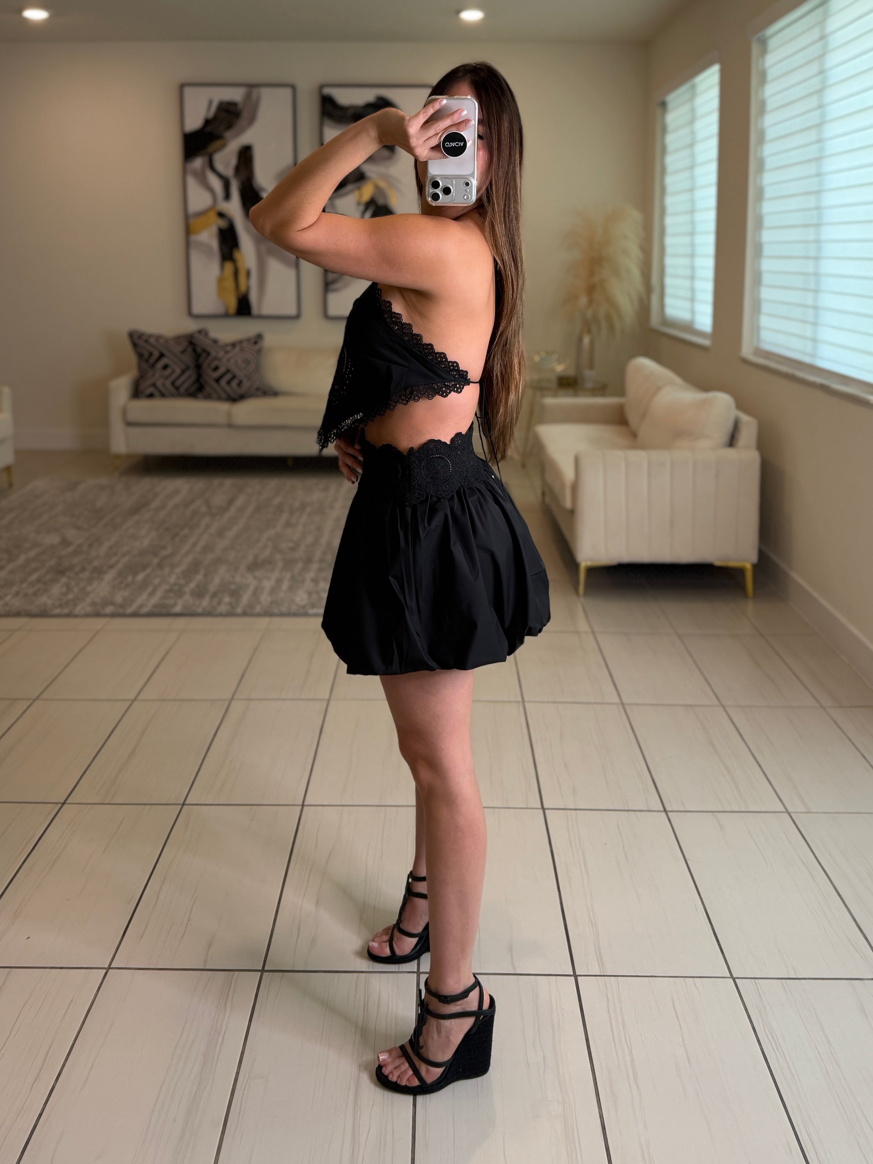 Blossom Crochet Black Balloon Skirt Set