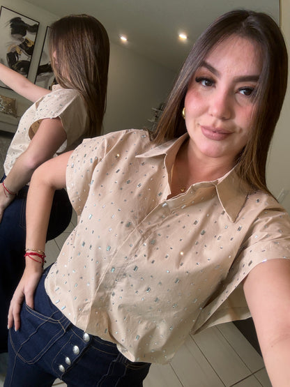 Frame Rhinestone Beige Top
