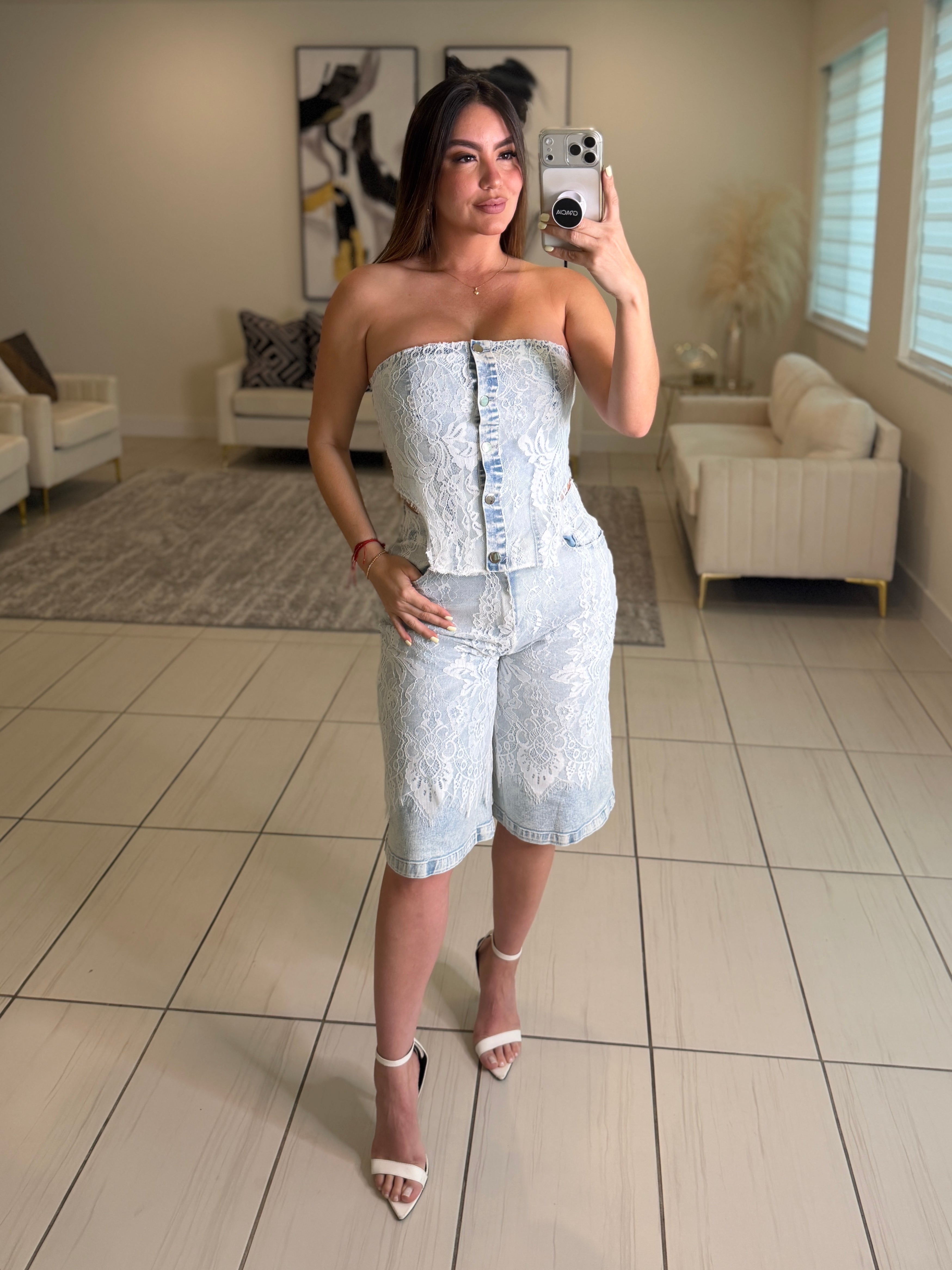 Power Muse Denim Lace Shorts Set