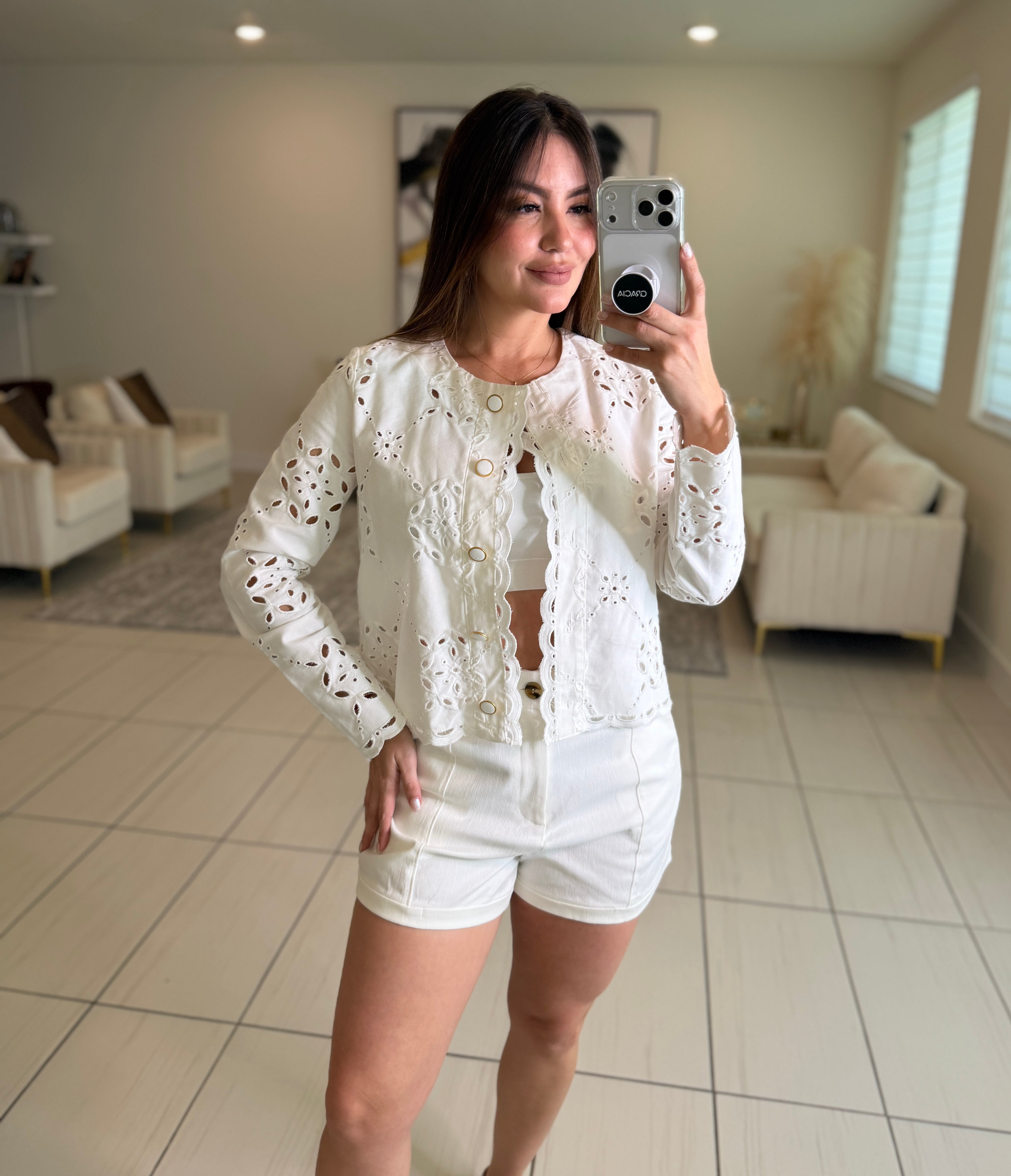 Decorative Eyelet White Jacket